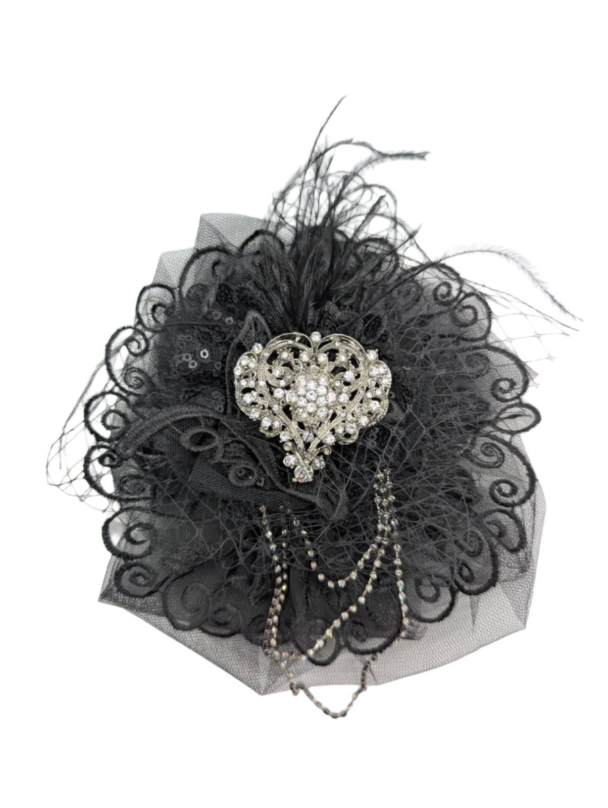 Broochella Madonna bridal wedding brooch pin black lace tulle feather silver rhinestone embellishment handmade luxury designer women’s