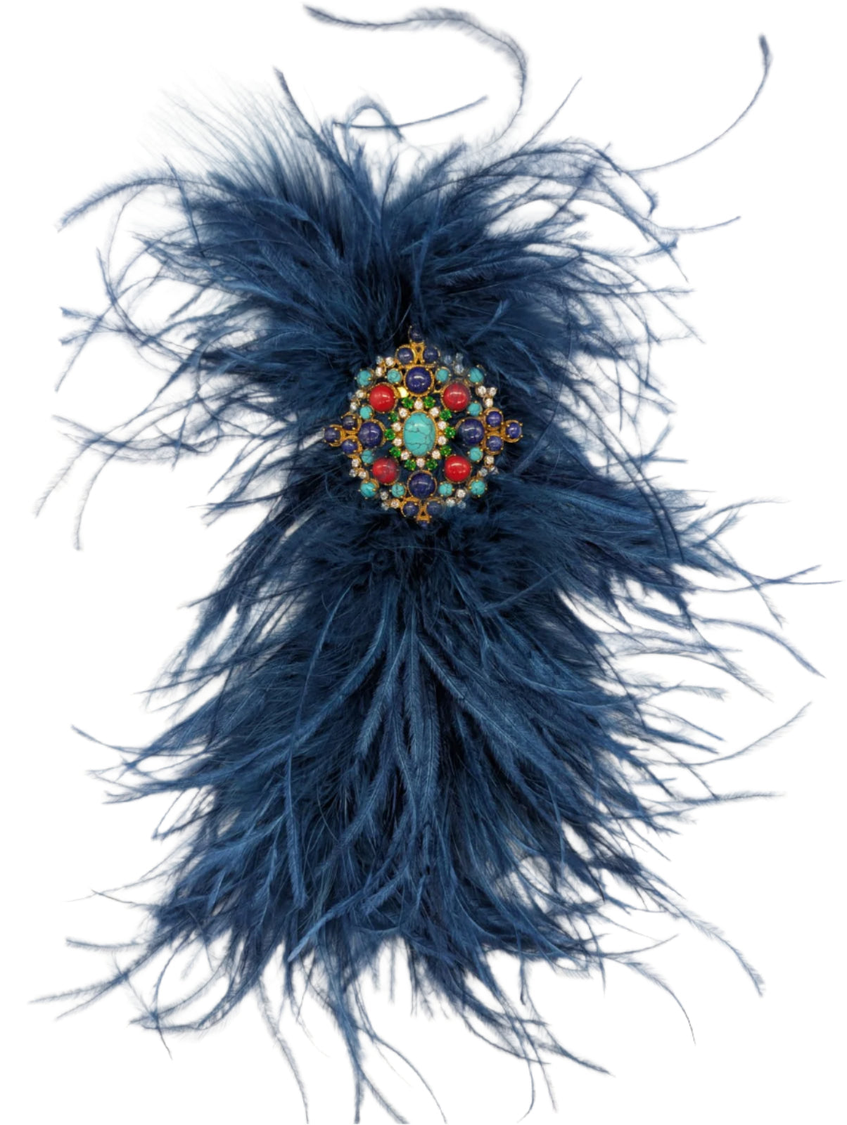 Broochella blue feather brooch pin large bejewelled handmade gold tone embellishment designer luxury women’s men’s