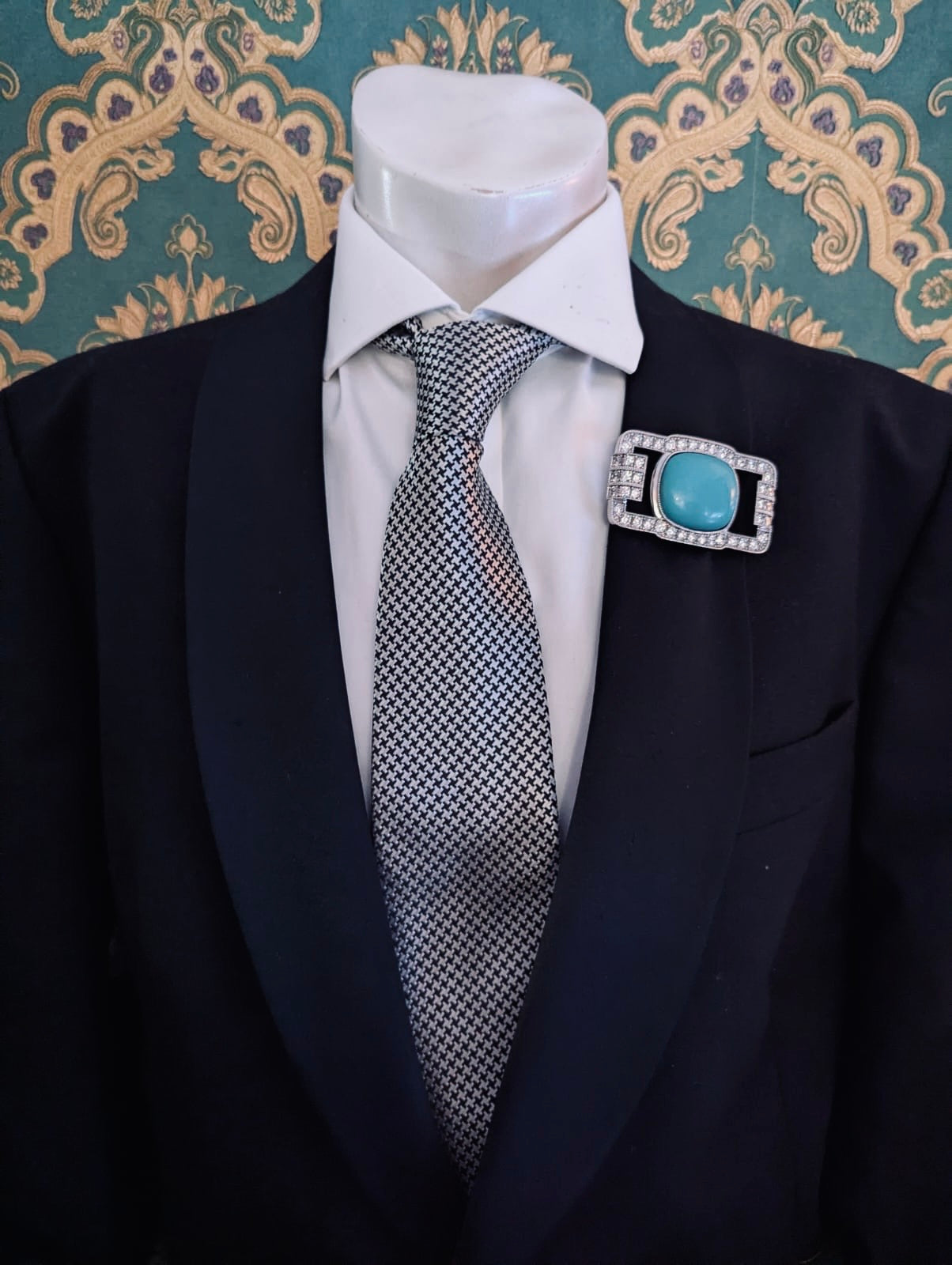Broochella Men's Libertene brooch pin silver tone metal crystal resin turquoise centre luxury designer