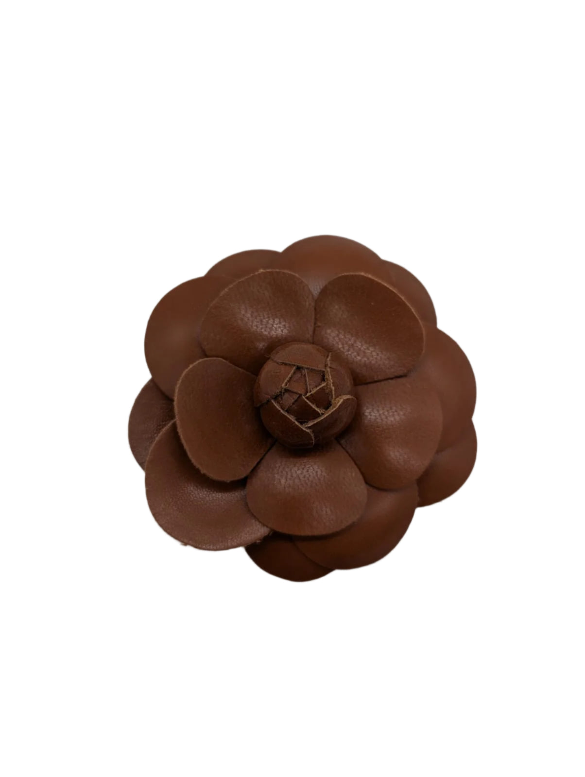 Broochella Camelia flower brooch pin leather brown designer luxury women’s men’s