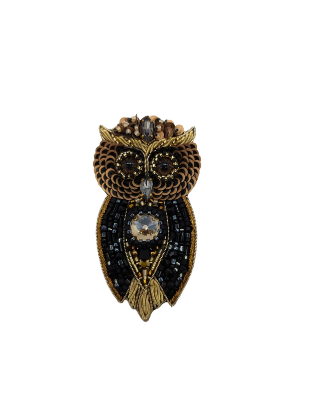 Broochella Owl brooch pin black gold hand beaded sequin crystal handmade luxury designer men's women's
