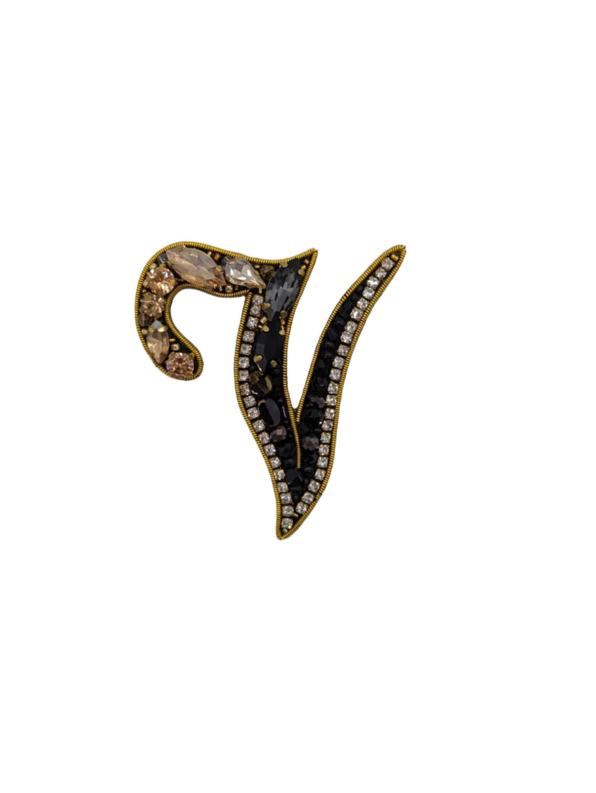 Broochella Initial Alphabet brooch pin handbeaded sequin gold black luxury designer men's women's V