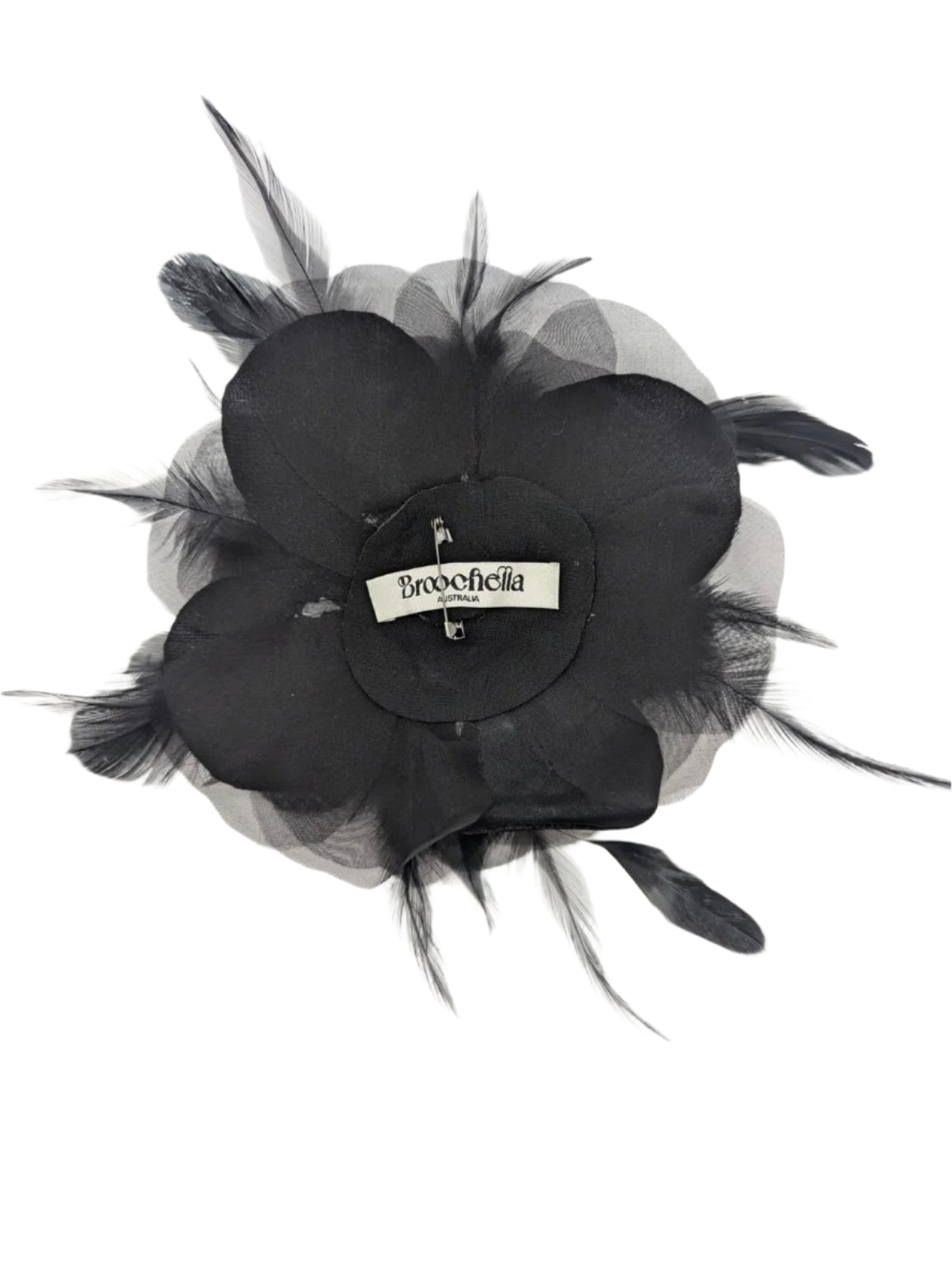 Broochella La Contessa flower brooch pin silk velvet feather handmade bejewelled designer luxury men's women's black