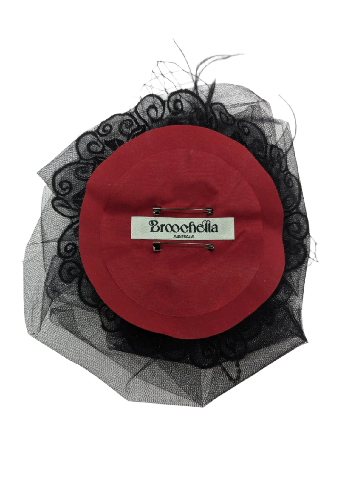 Broochella Madonna bejewelled brooch pin black lace tulle feather silver rhinestone embellishment handmade luxury designer women’s