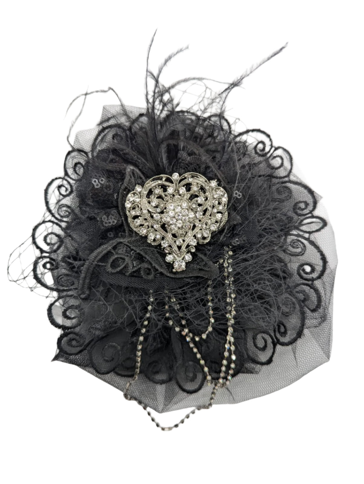 Broochella Madonnna bejewelled brooch pin black lace tulle feathers silver rhinestone embellishment handmade luxury designer women’s