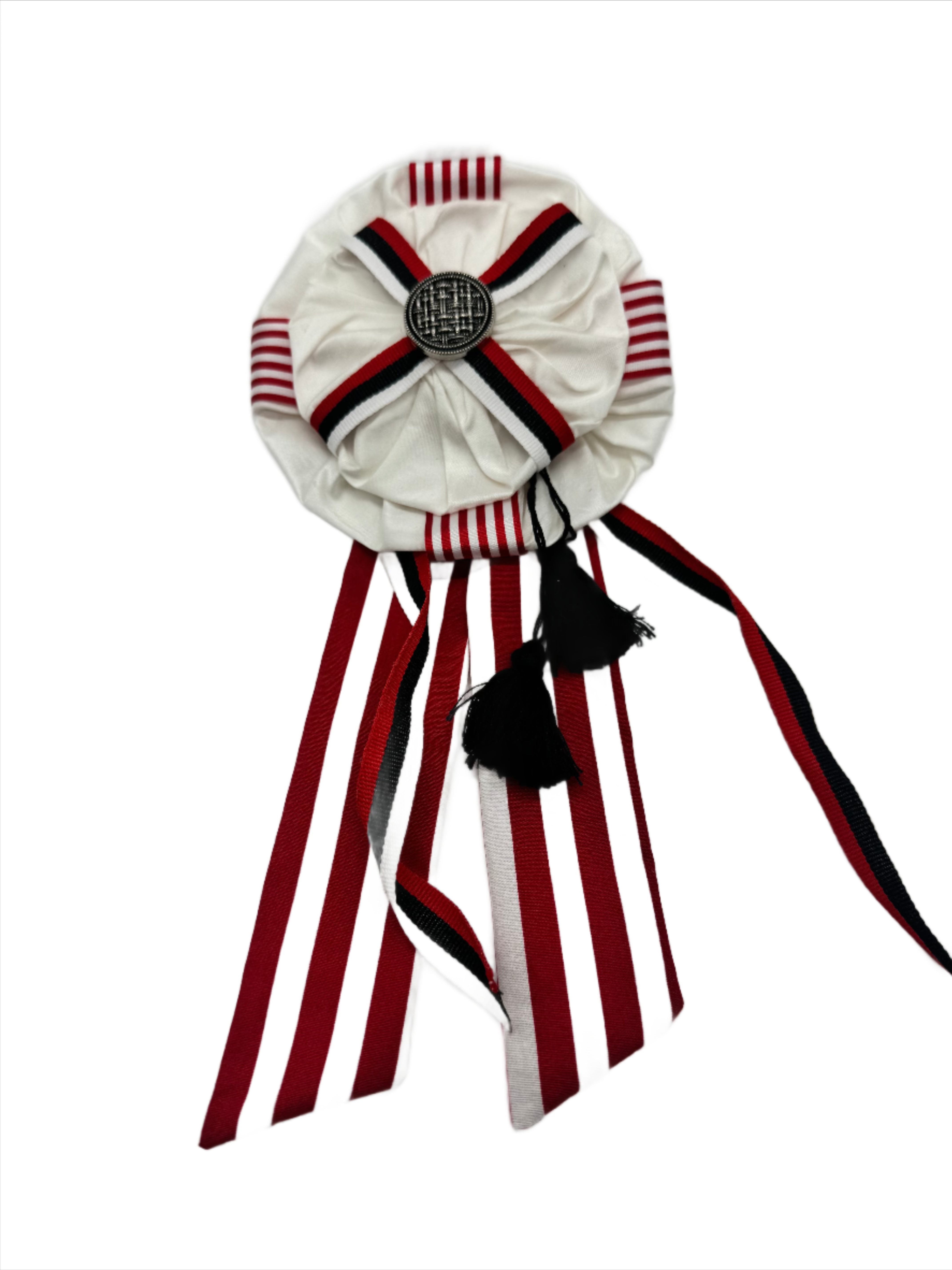 Broochella Regalia brooch pin rosette bejewelled ribbon silk handmade designer luxury white red black stripes men's women's