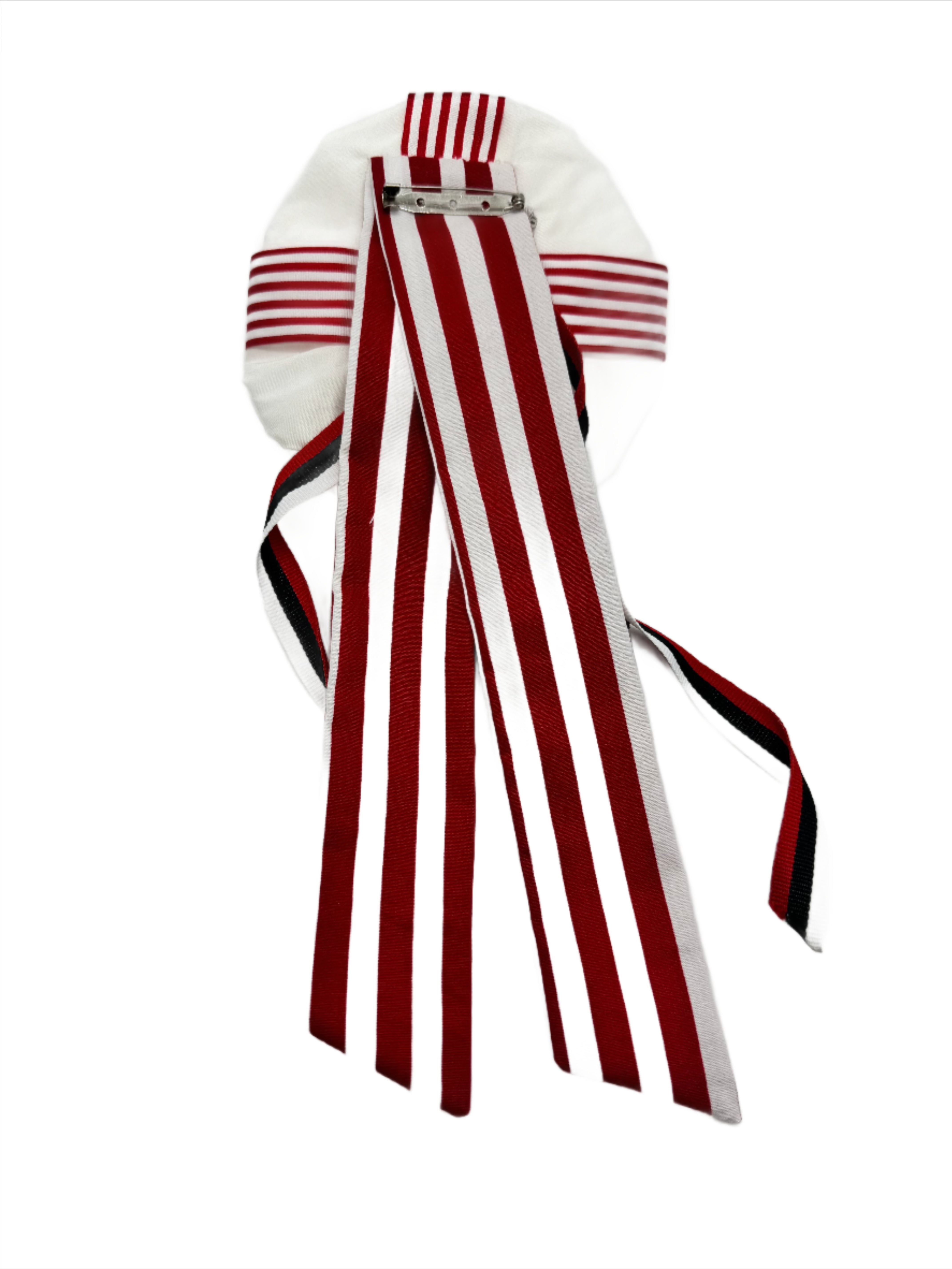 Broochella Regalia brooch pin rosette bejewelled ribbon silk handmade designer luxury white red black stripes men's women's