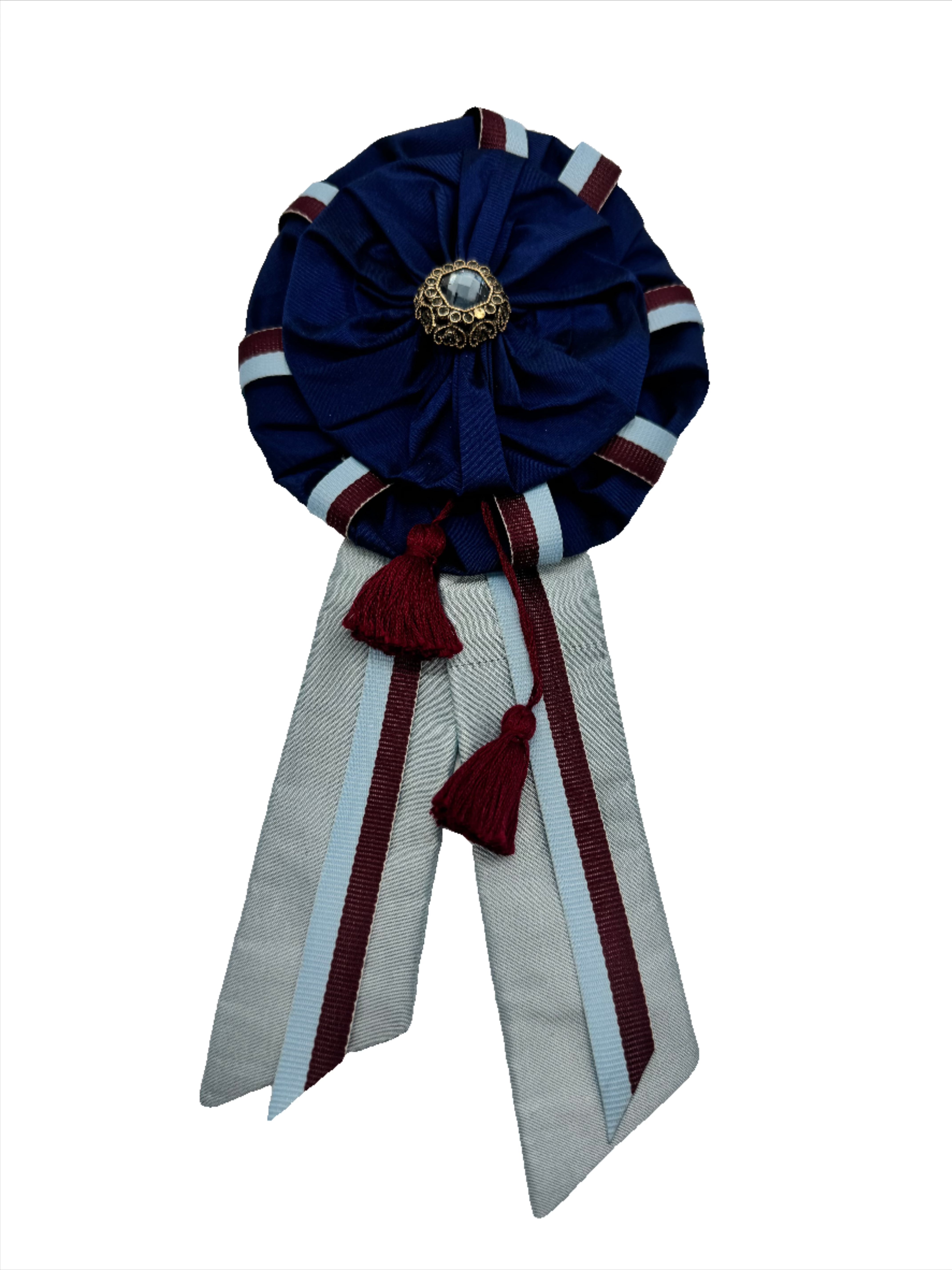 Broochella Regalia brooch pin rosette bejewelled ribbon silk handmade designer luxury navy burgundy men's women's