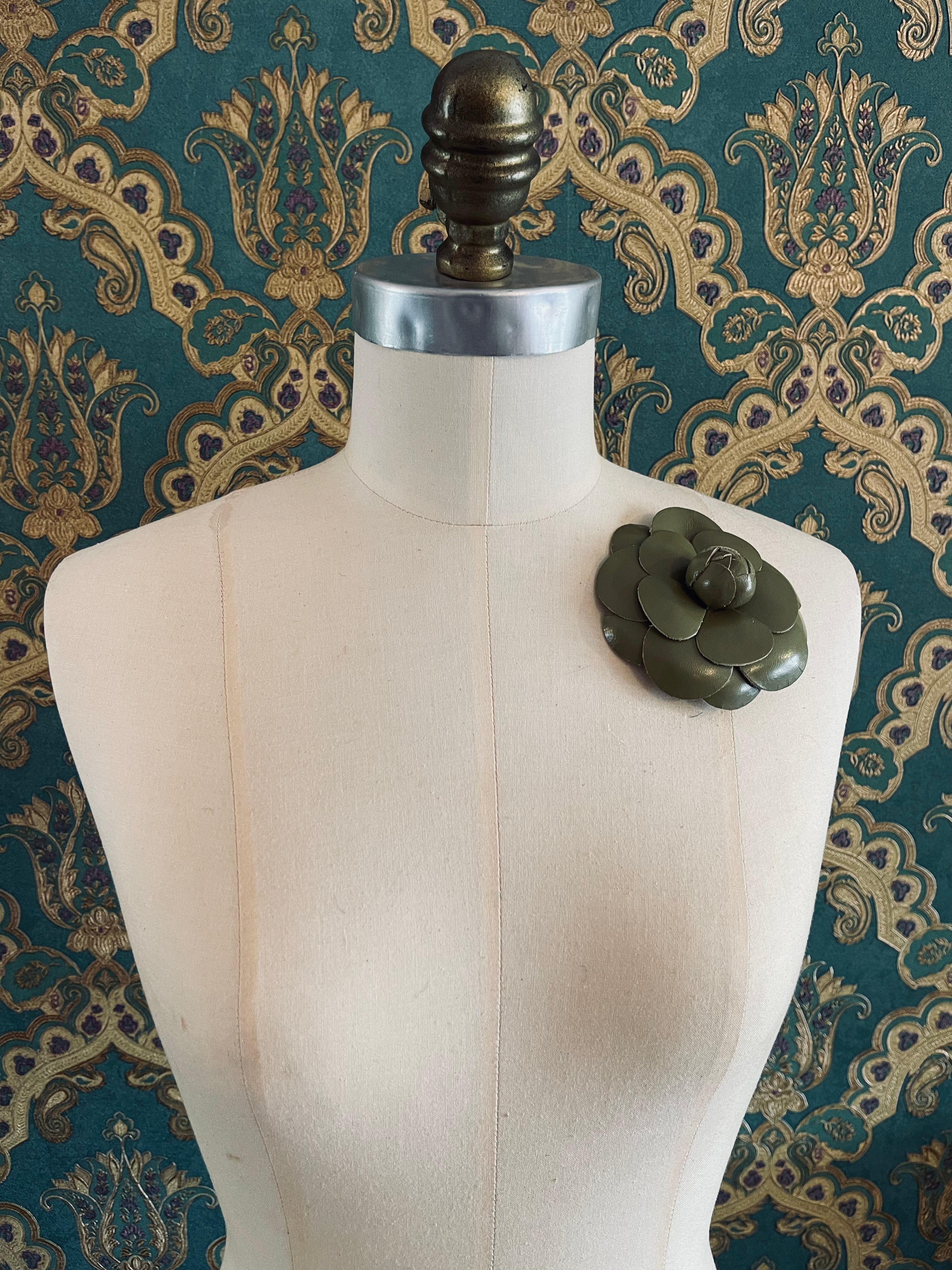 Broochella Camelia flower brooch pin leather green designer luxury women’s men’s