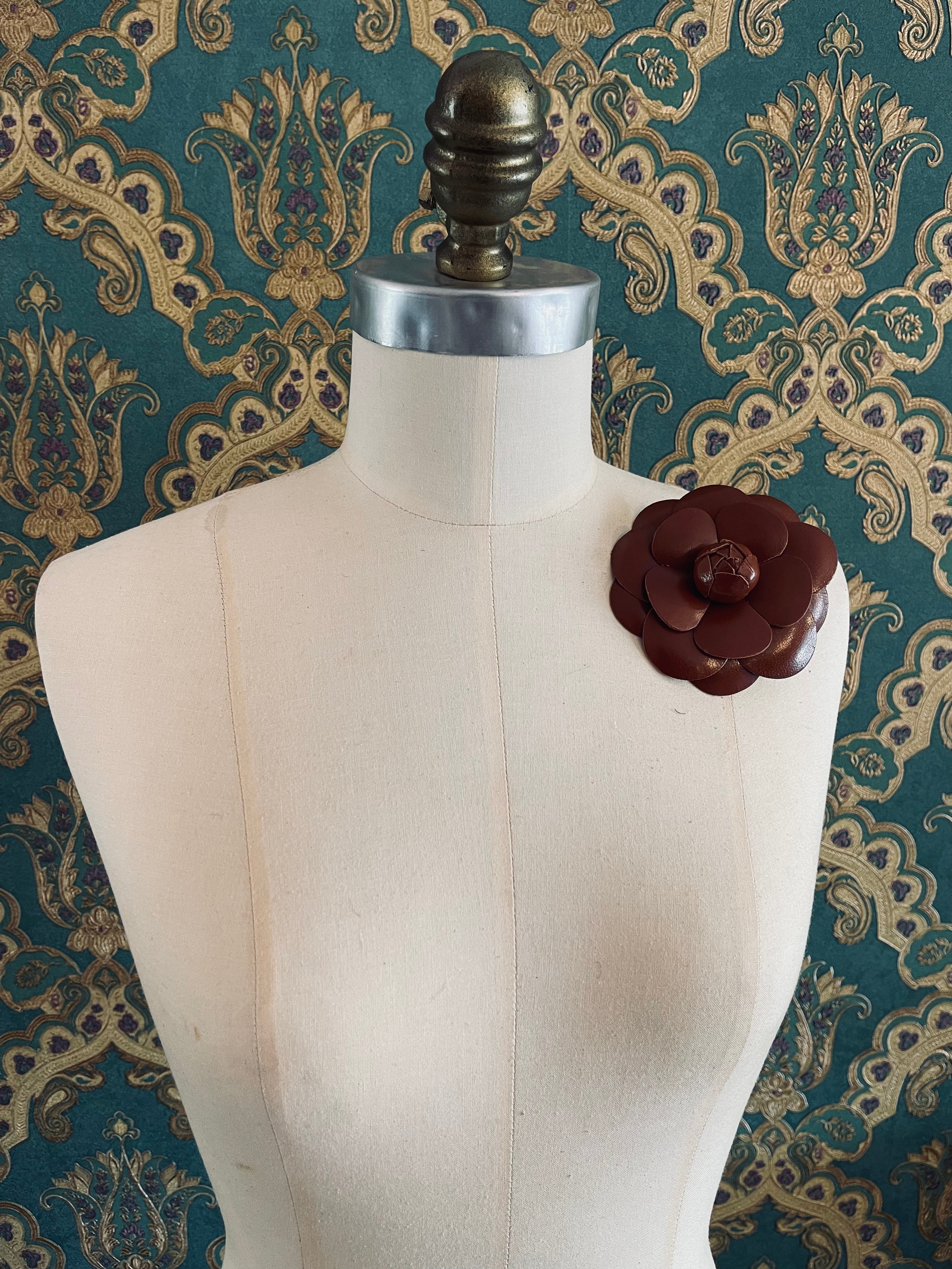 Broochella Camelia flower brooch leather brown designer luxury women’s men’s