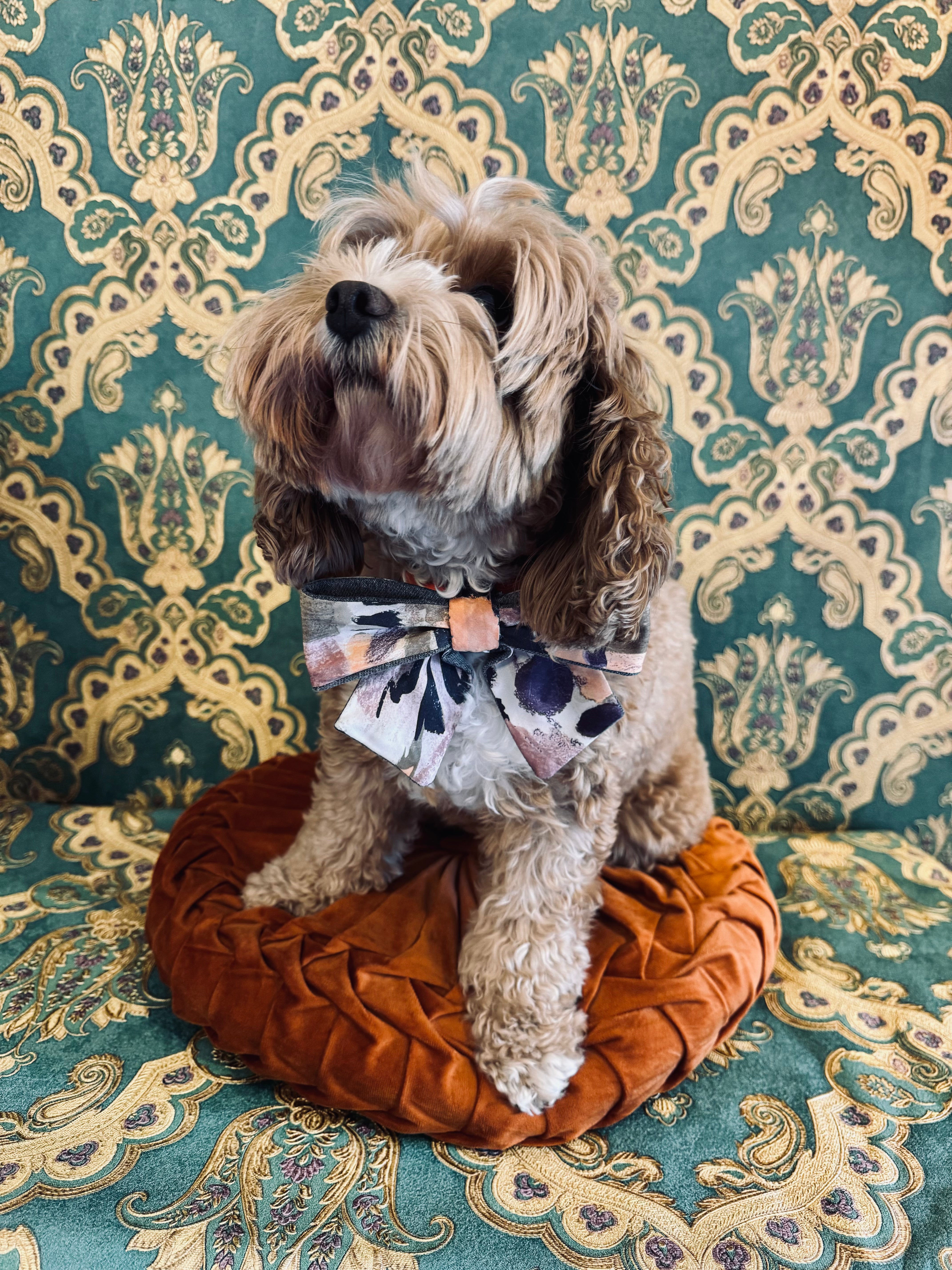 Broochella Poochella dog pet brooch bow collar handmade cotton upcycled denim men's tie luxury designer abstract print purple orange