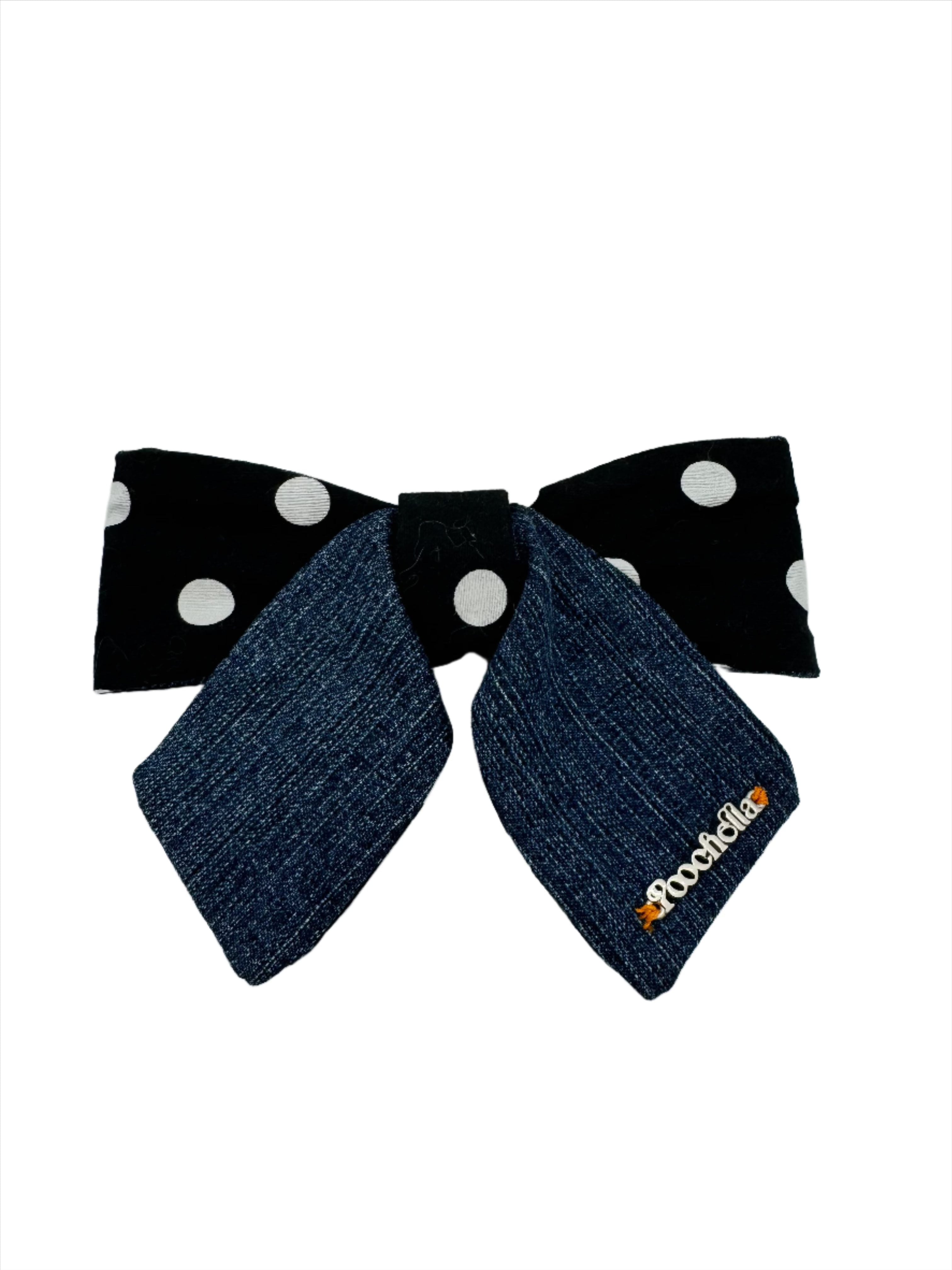 Broochella Poochella dog pet brooch bow collar handmade upcycled denim cotton black white spots polka dots designer luxury