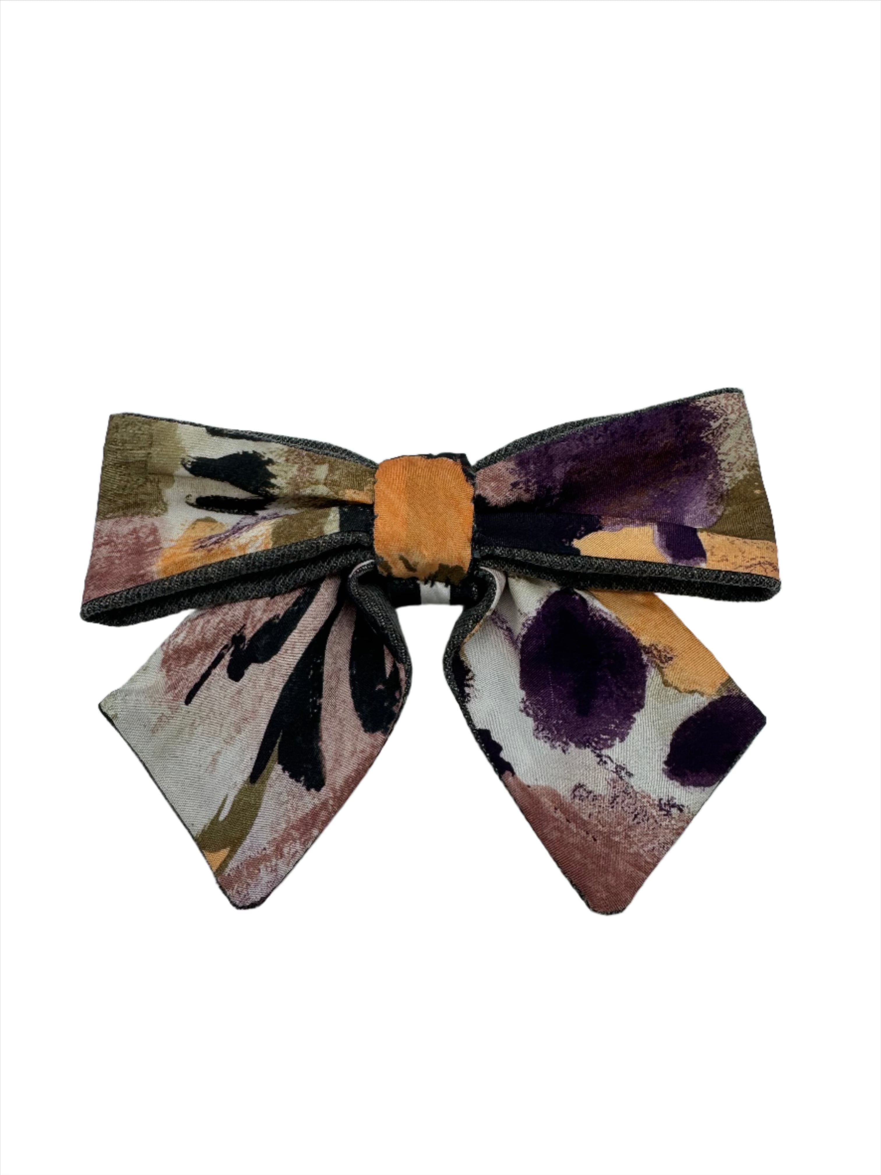 Broochella Poochella dog pet brooch bow collar handmade cotton upcycled denim men's tie luxury designer abstract print purple orange