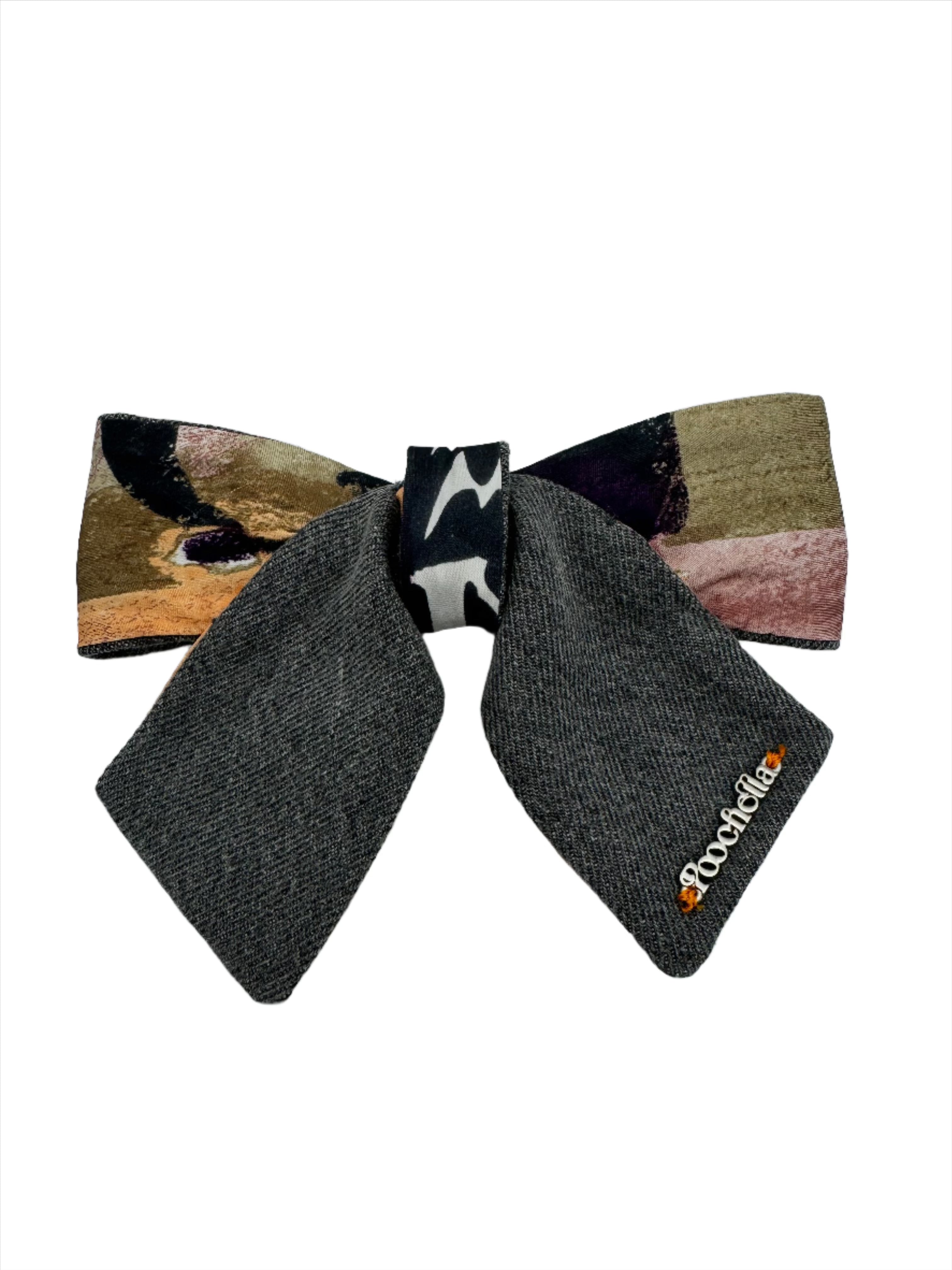 Broochella Poochella dog pet brooch bow collar handmade cotton upcycled denim men's tie luxury designer abstract print purple orange