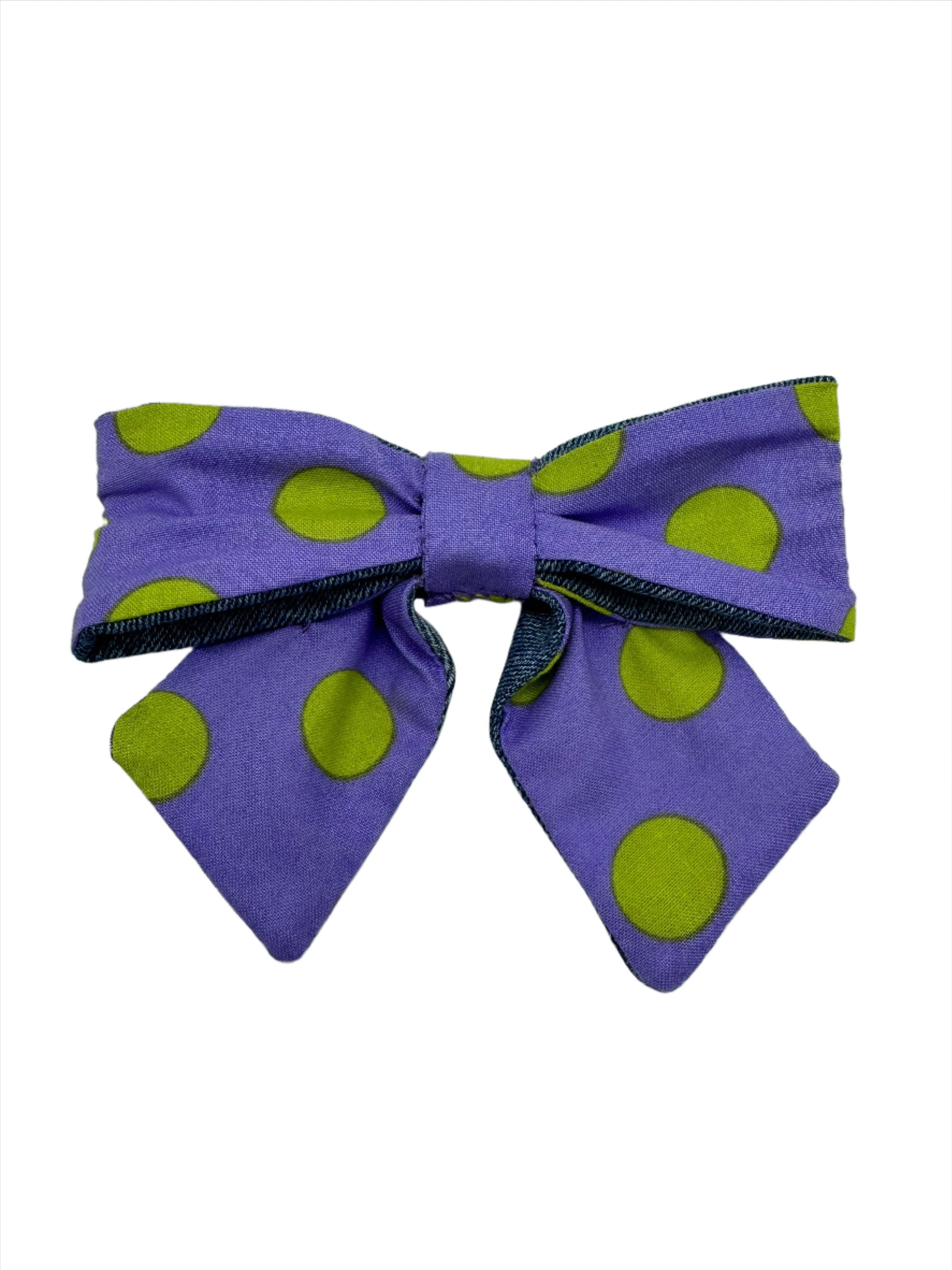 Broochella Poochella dog pet brooch bow collar handmade upcycled denim cotton green purple spots polka dots designer luxury