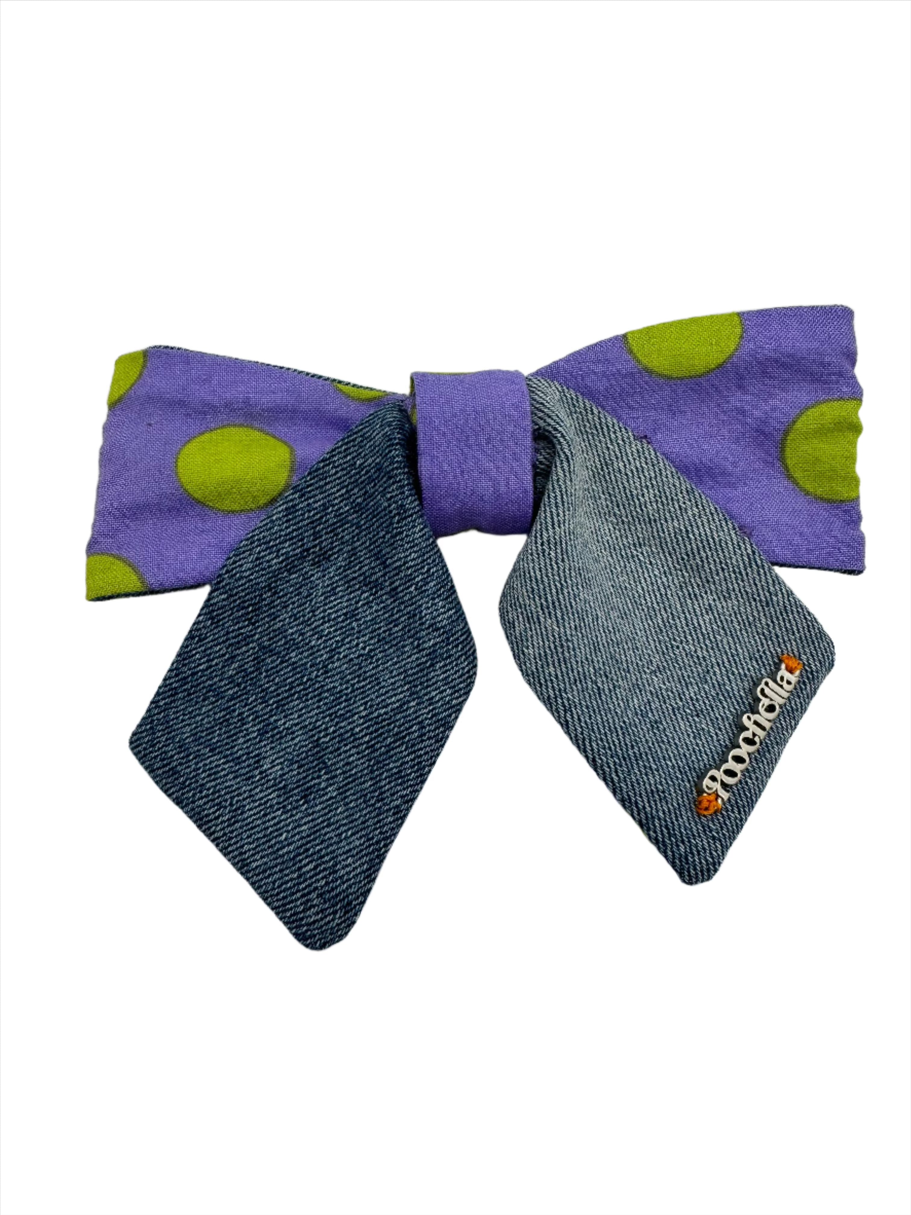 Broochella Poochella dog pet brooch bow collar handmade upcycled denim cotton green purple spots polka dots designer luxury