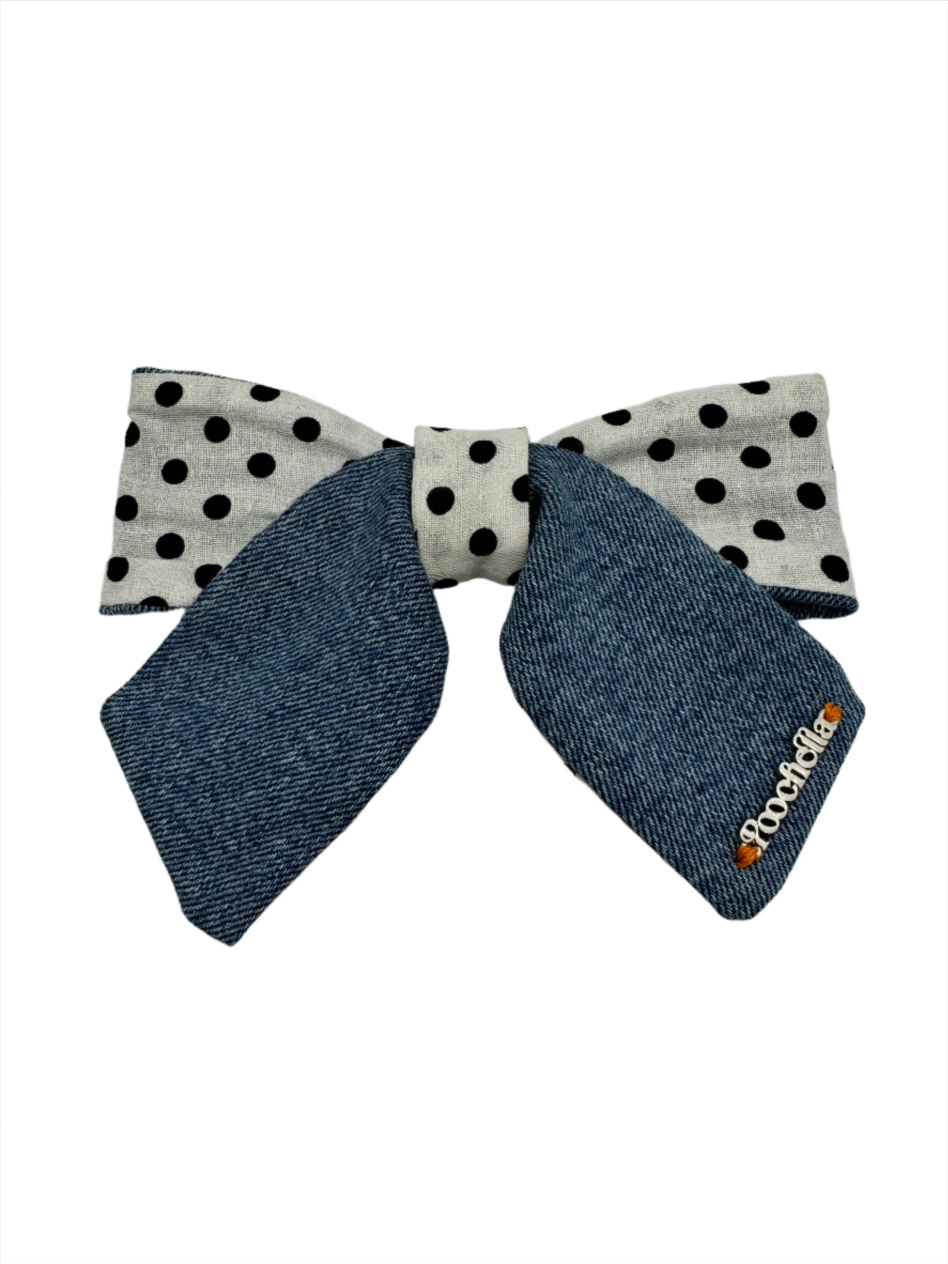 Broochella Poochella dog pet brooch bow collar handmade upcycled denim cotton green white spots polka dots designer luxury
