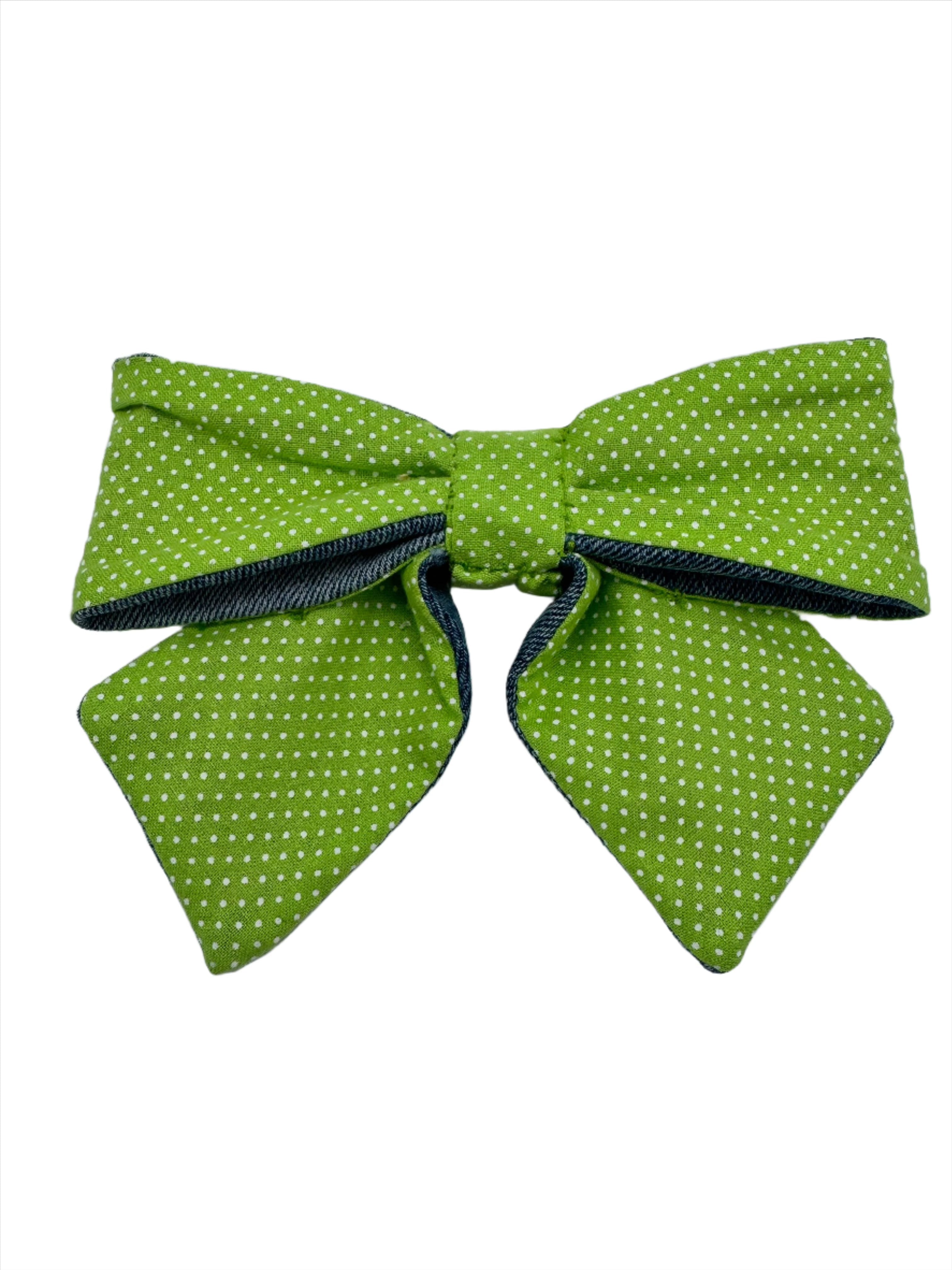 Broochella Poochella dog pet brooch bow collar handmade upcycled denim cotton green white spots polka dots designer luxury