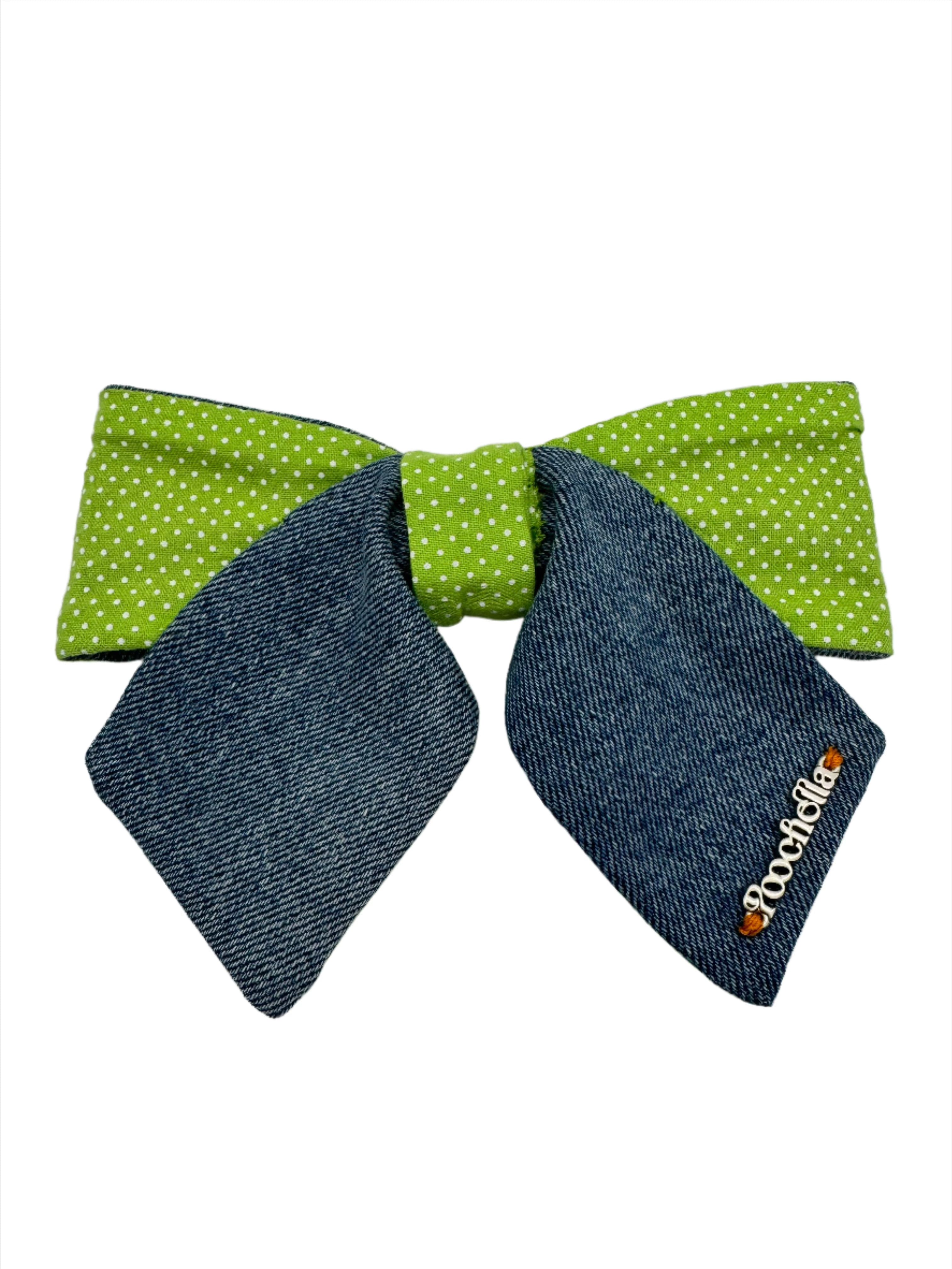 Broochella Poochella dog pet brooch bow collar handmade upcycled denim cotton green white spots polka dots designer luxury