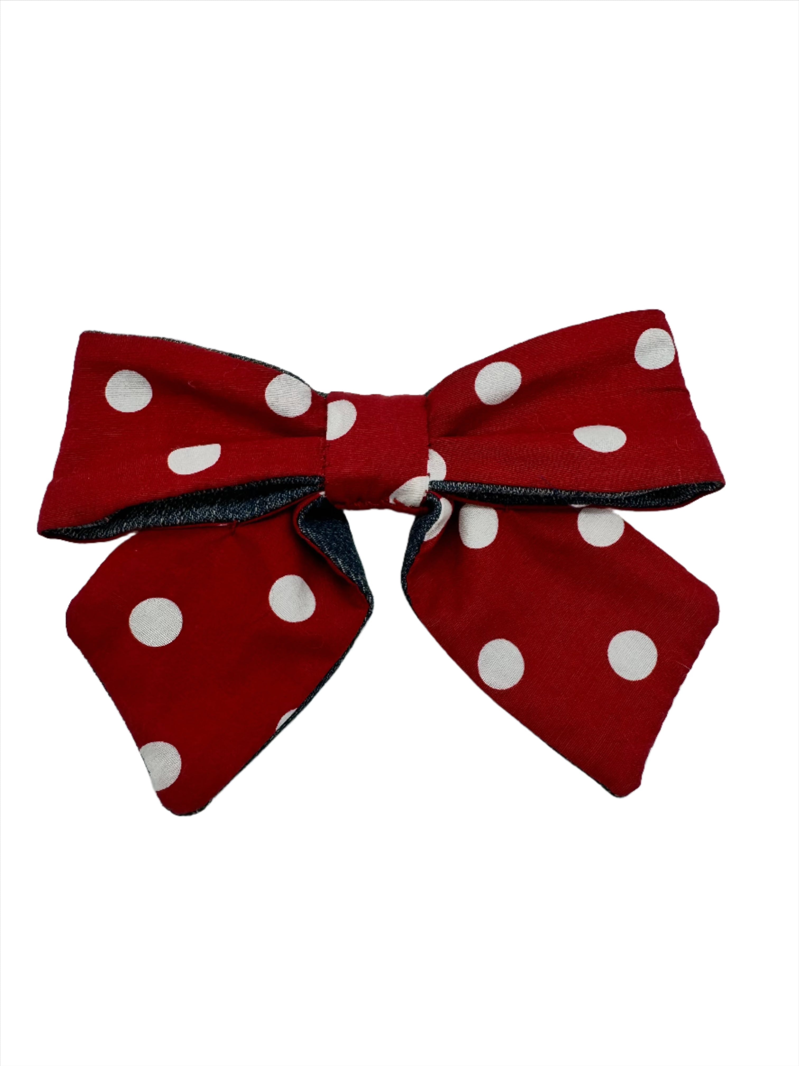 Broochella Poochella dog pet brooch bow collar handmade upcycled denim cotton red white spots polka dots designer luxury