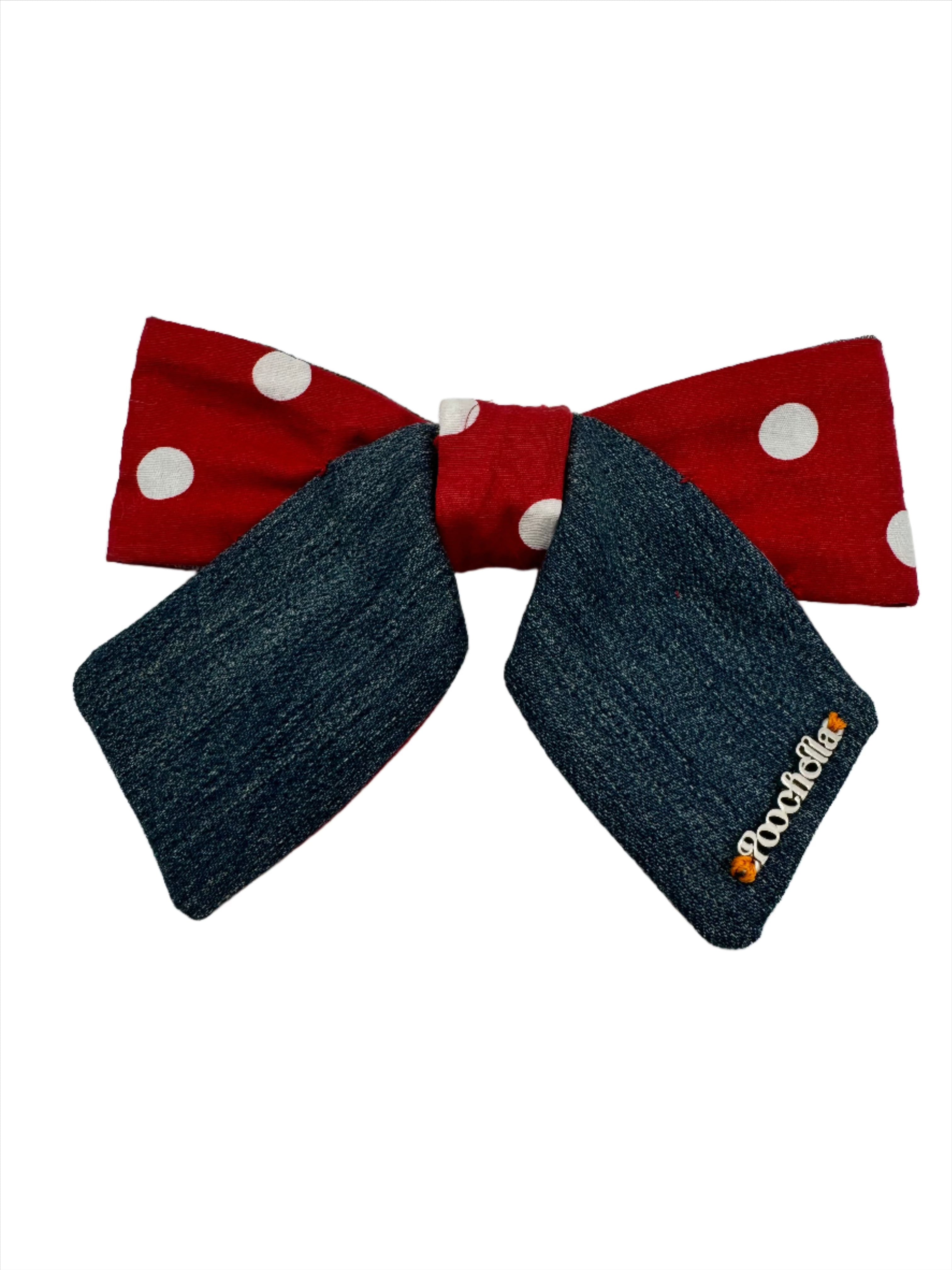 Broochella Poochella dog pet brooch bow collar handmade upcycled denim cotton red white spots polka dots designer luxury