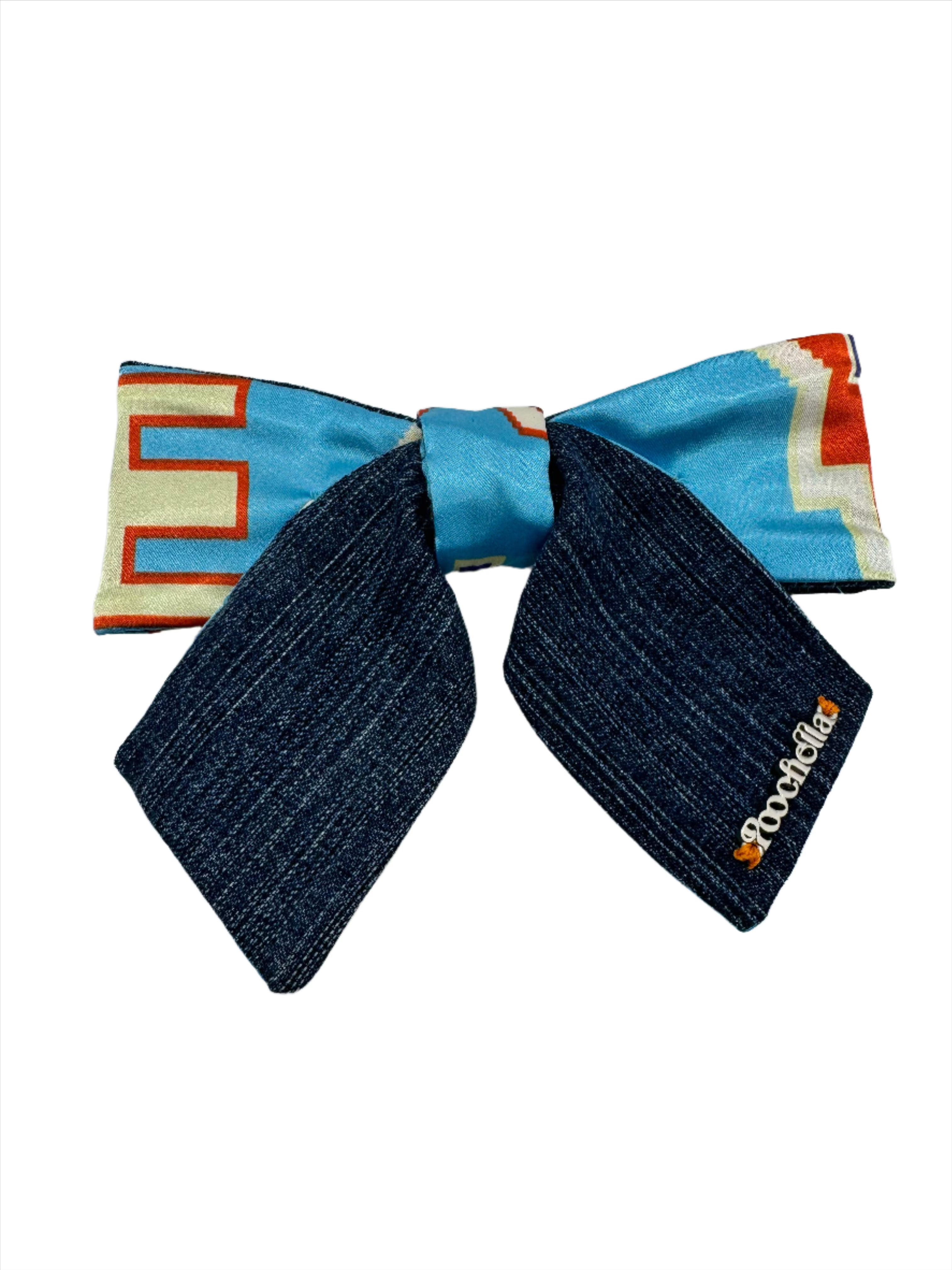 Broochella Poochella dog pet brooch bow collar handmade cotton upcycled denim blue printed satin designer luxury