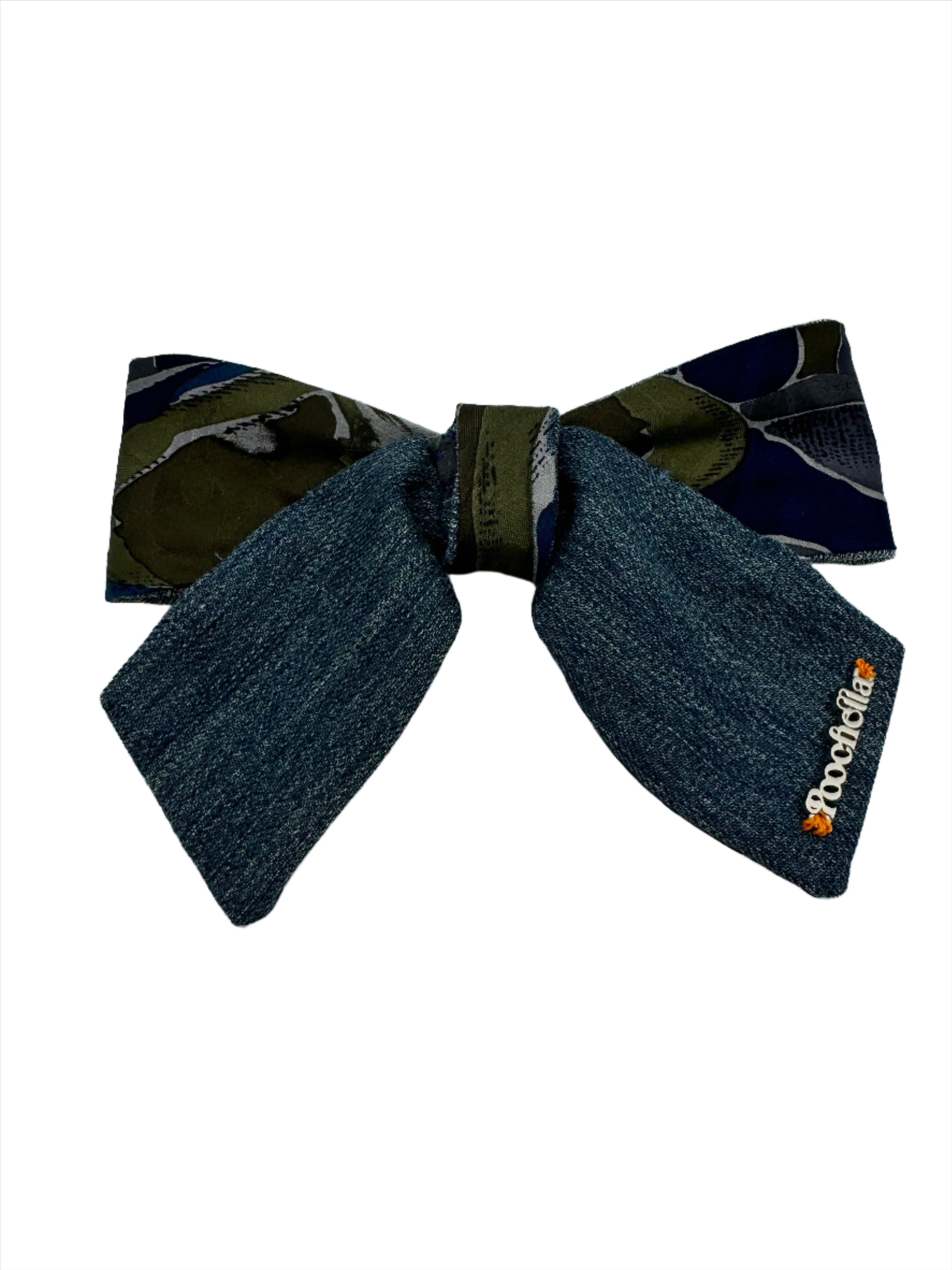 Broochella Poochella dog pet brooch bow collar handmade cotton upcycled denim men's tie luxury designer blue green print