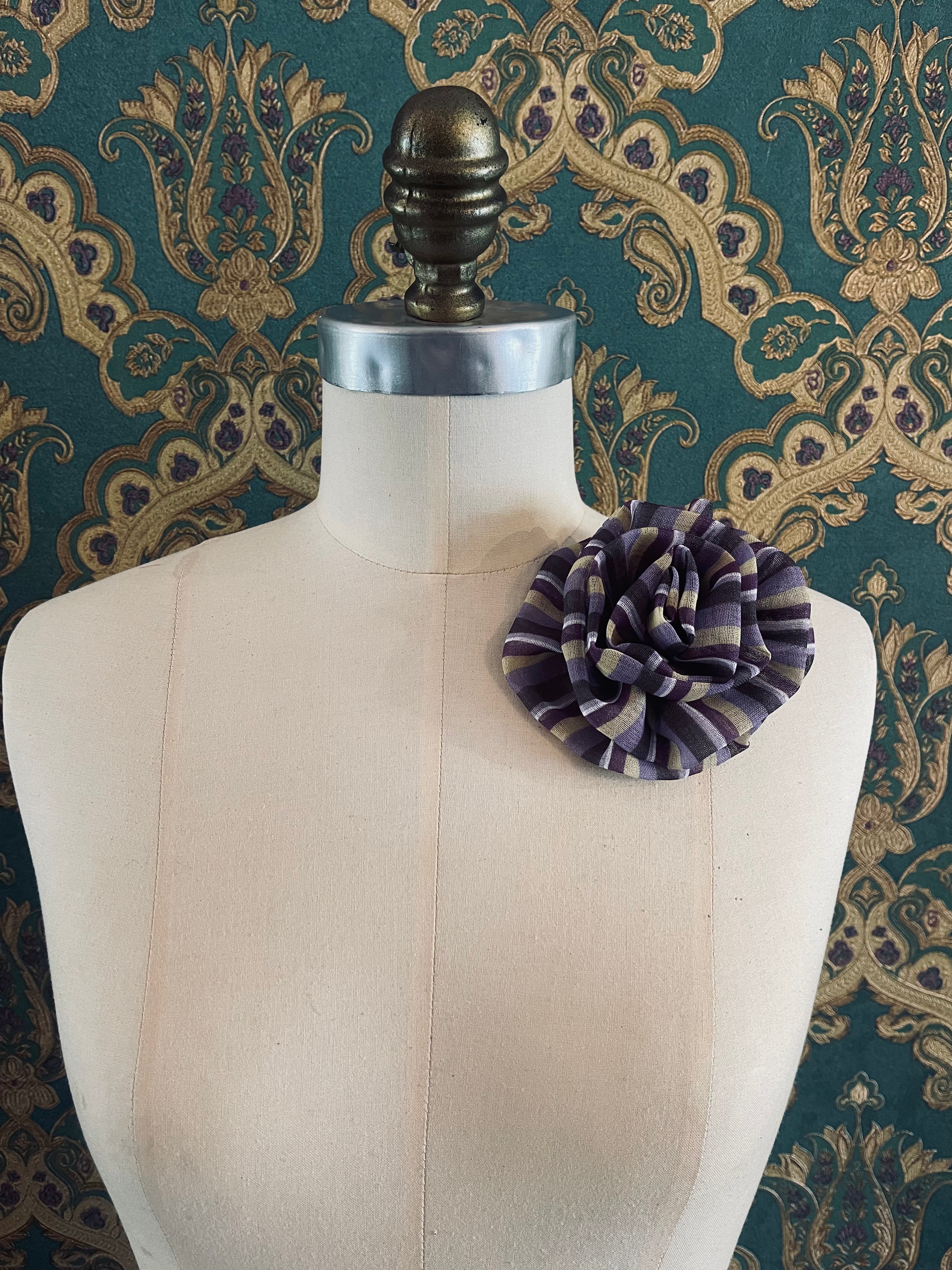 Broochella Brassica fabric flower brooch green purple stripe cotton linen handmade designer luxury women’s men’s