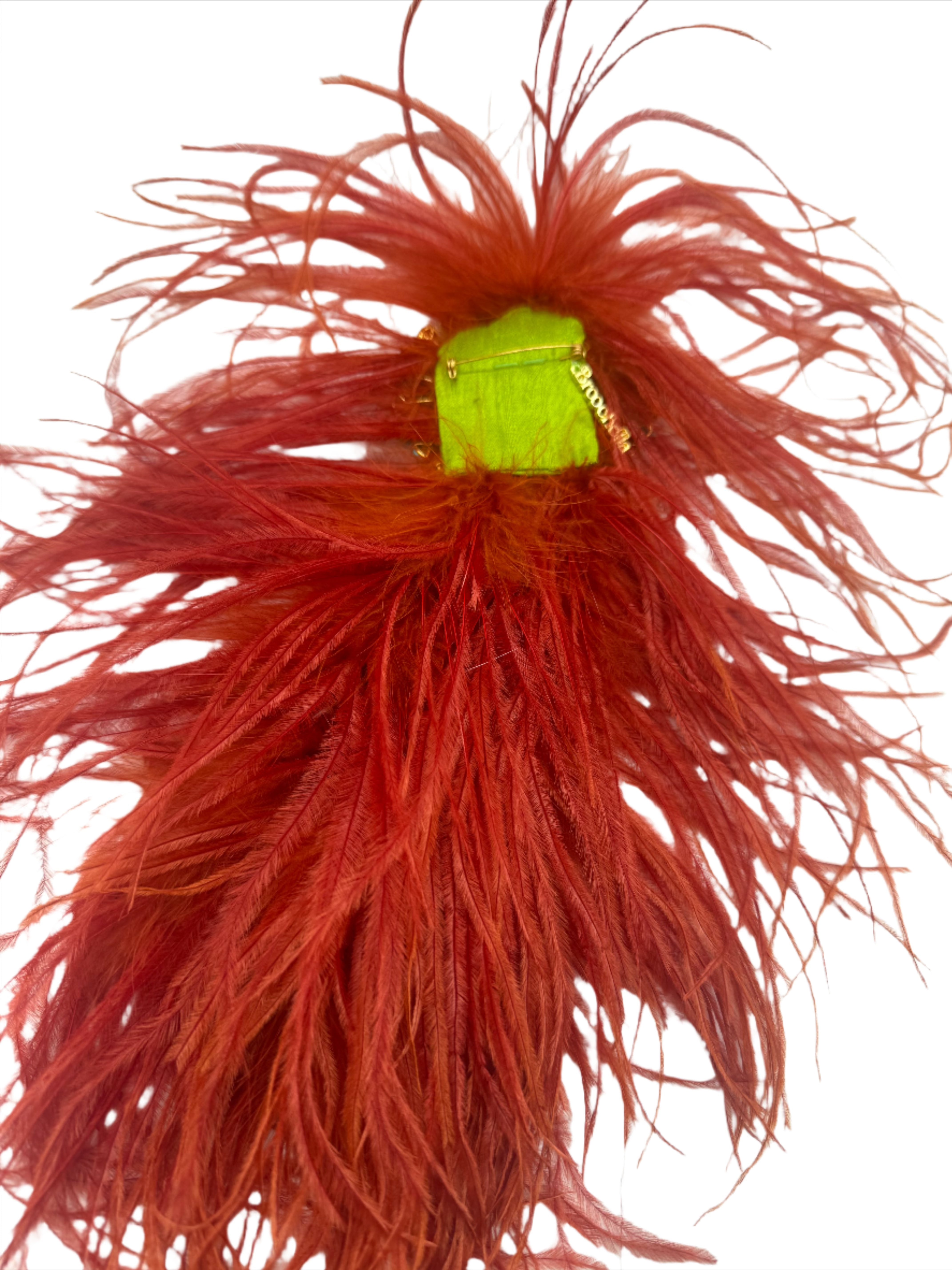 Broochella rust feather brooch pin large bejewelled handmade gold tone embellishment designer luxury women’s men’s