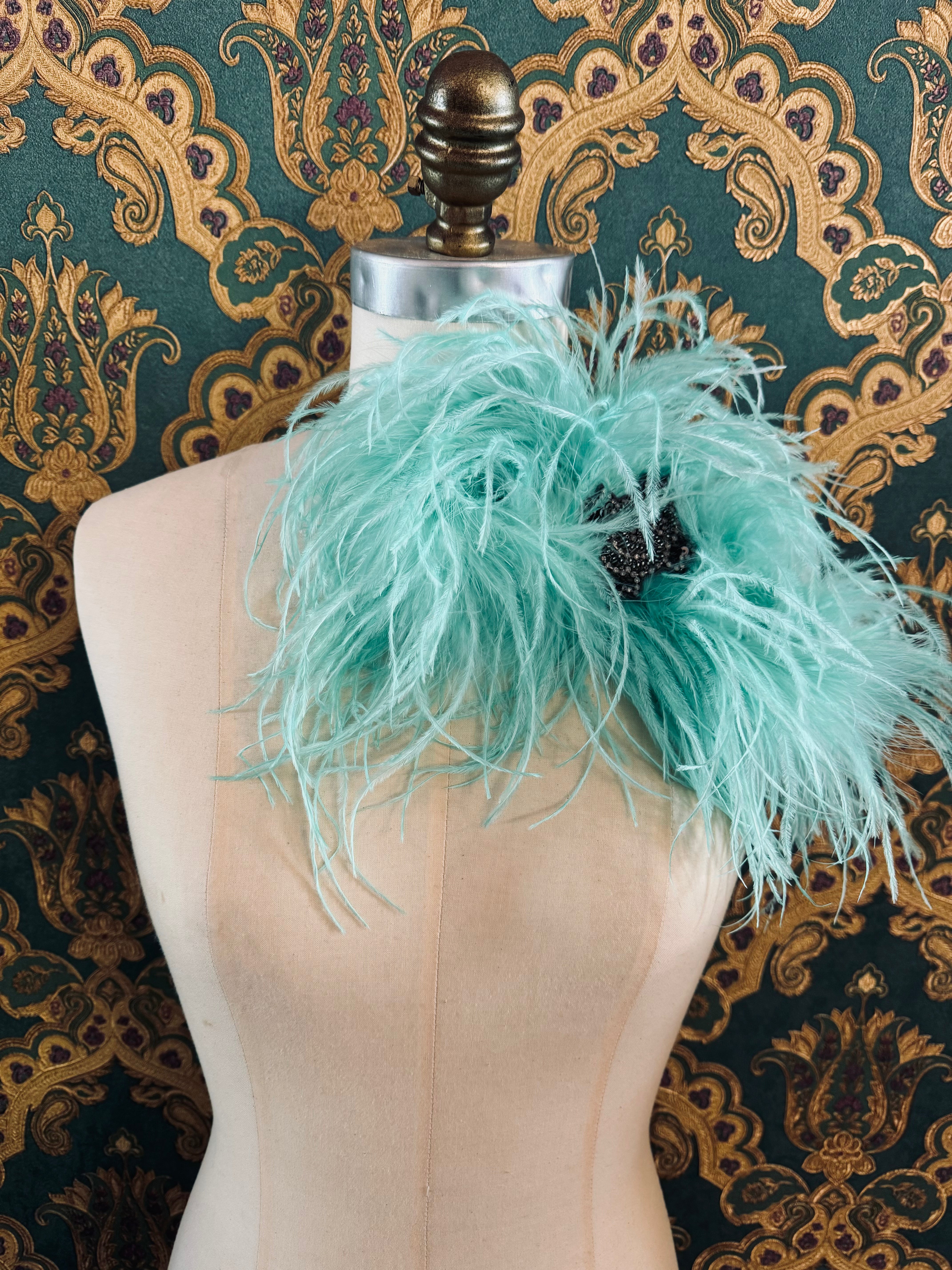 Broochella aqua feathered bow brooch pin large silver tone hand beaded embellishment handmade designer luxury women’s men’s