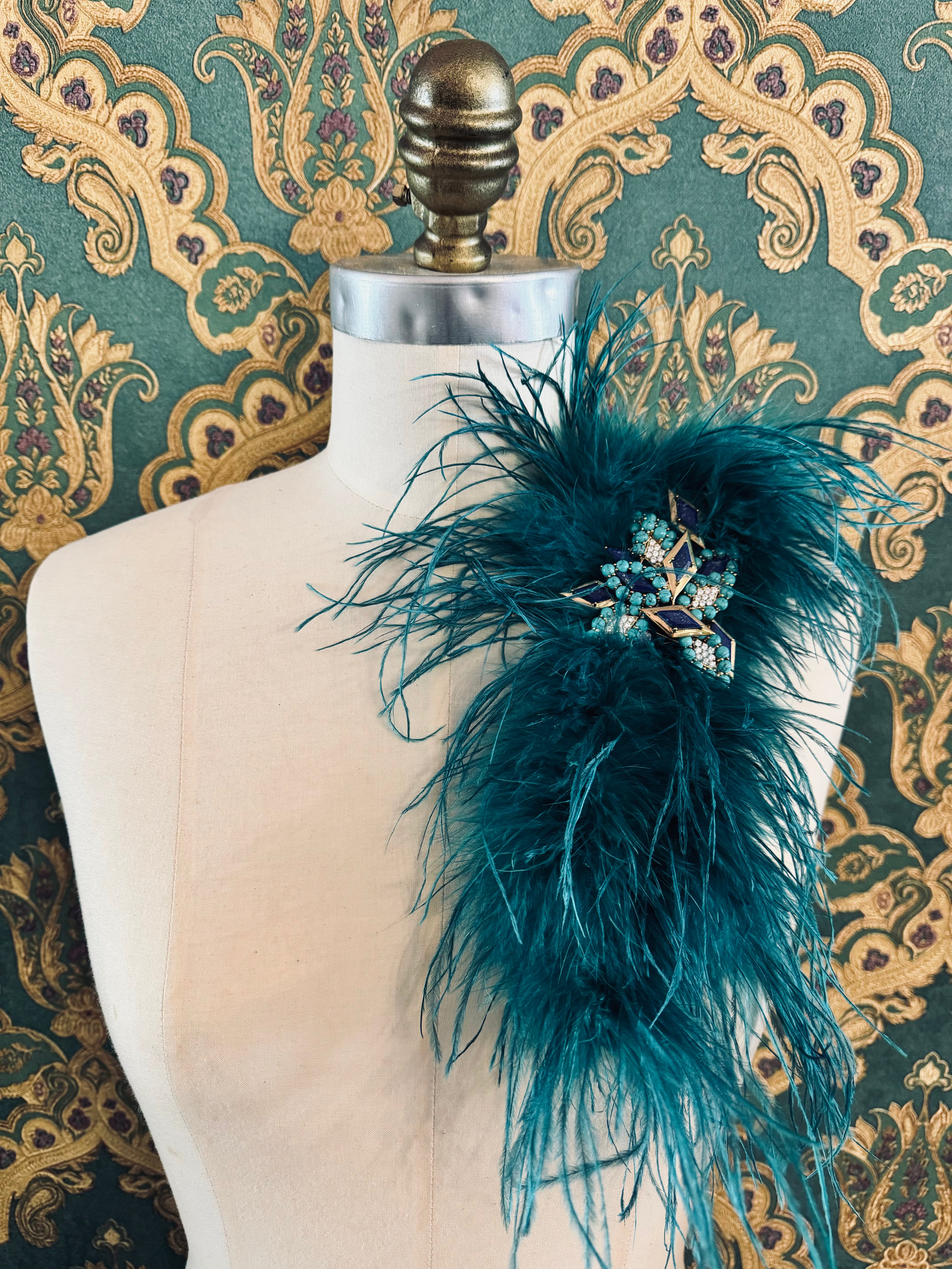 Broochella teal feather brooch pin large bejewelled handmade gold tone embellishment luxury designer women’s men’s