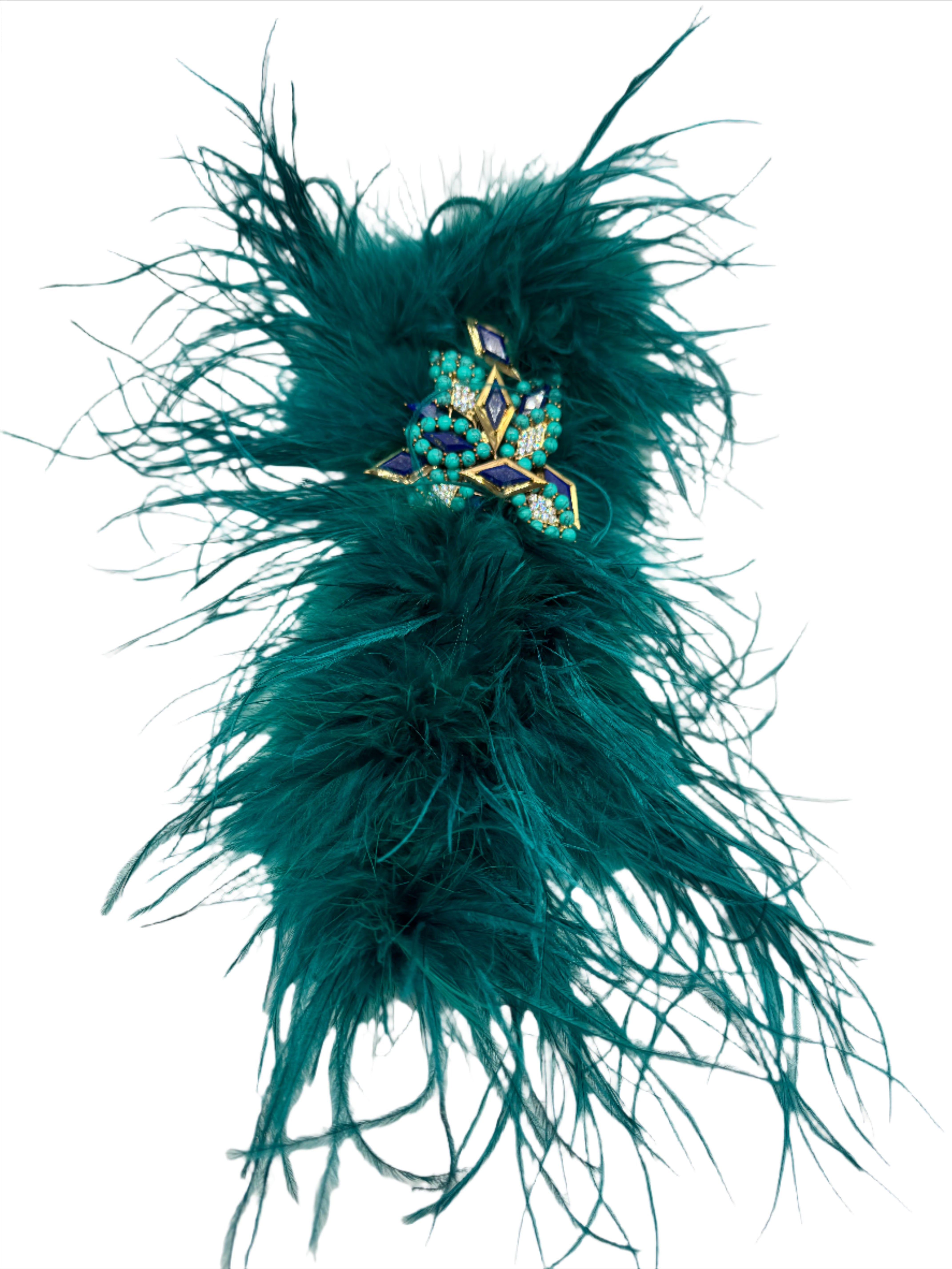 Broochella teal feather brooch pin large bejewelled handmade gold tone embellishment designer luxury women’s