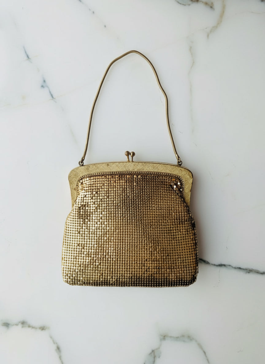 Maison Broche “La Dame d’Or” Vintage Evening Bag gold mesh vintage brooch embellishment luxury designer