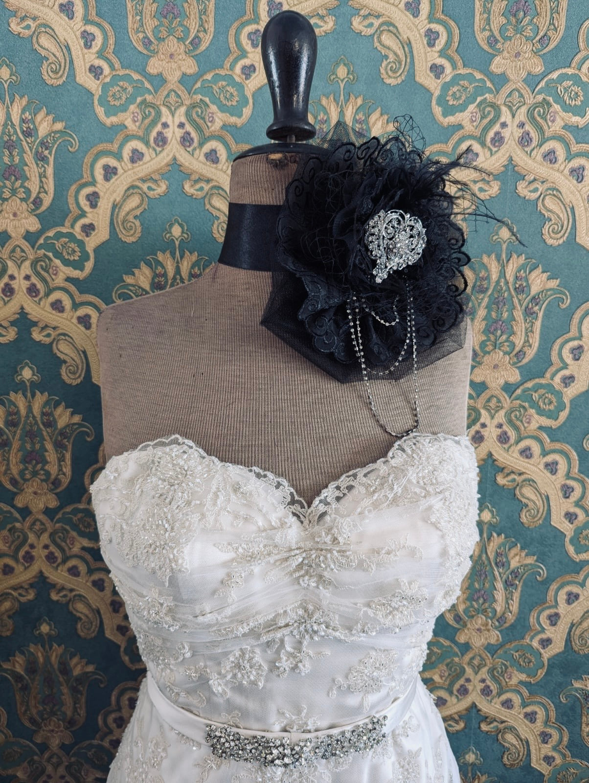 Broochella Madonna Bridal wedding brooch pin bejewelled black lace tulle feathers silver rhinestone embellishment handmade luxury designer women’s