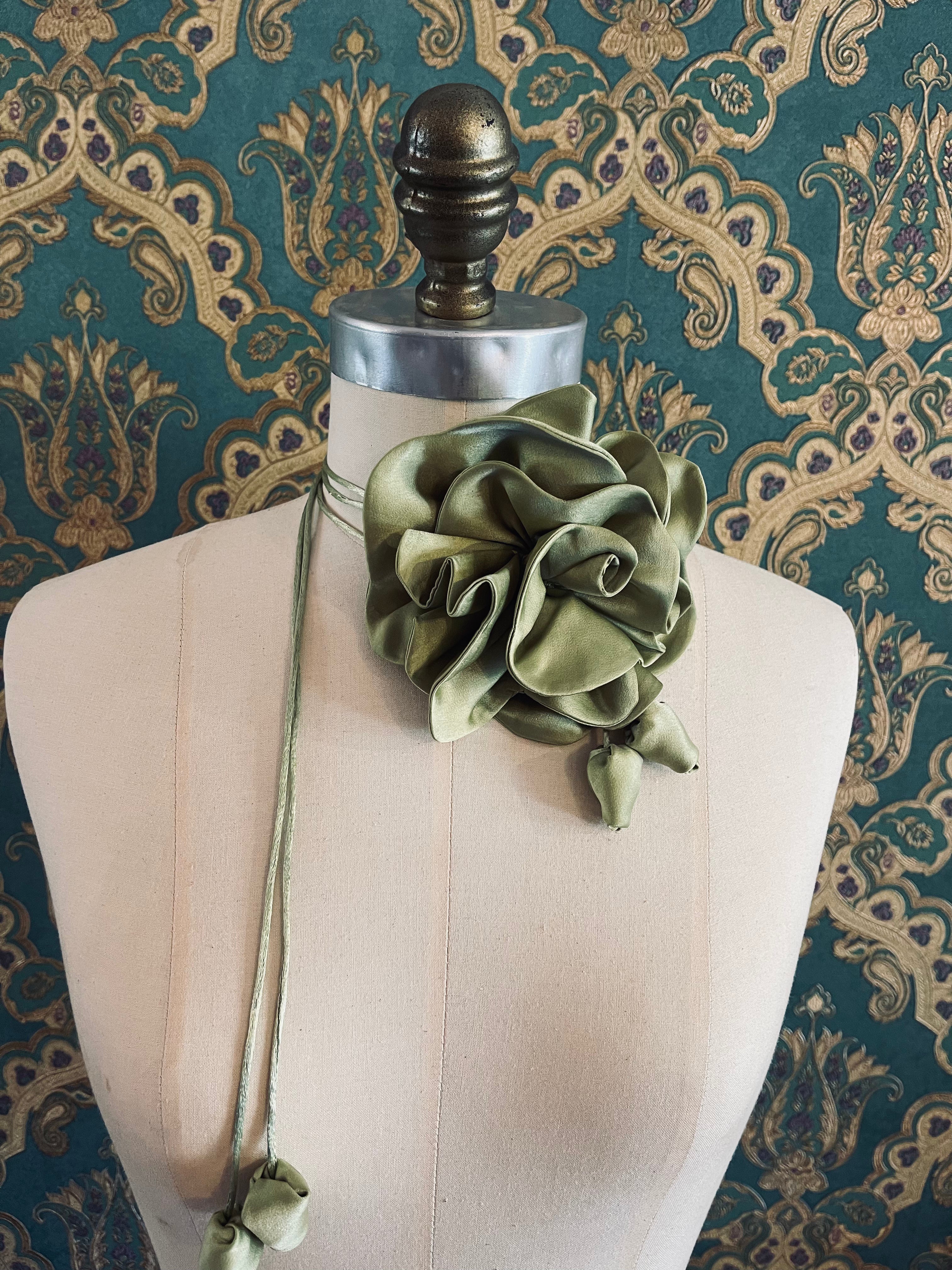 Broochella Rosetta flower brooch pin choker satin handmade luxury designer handmade men's women's avocado green