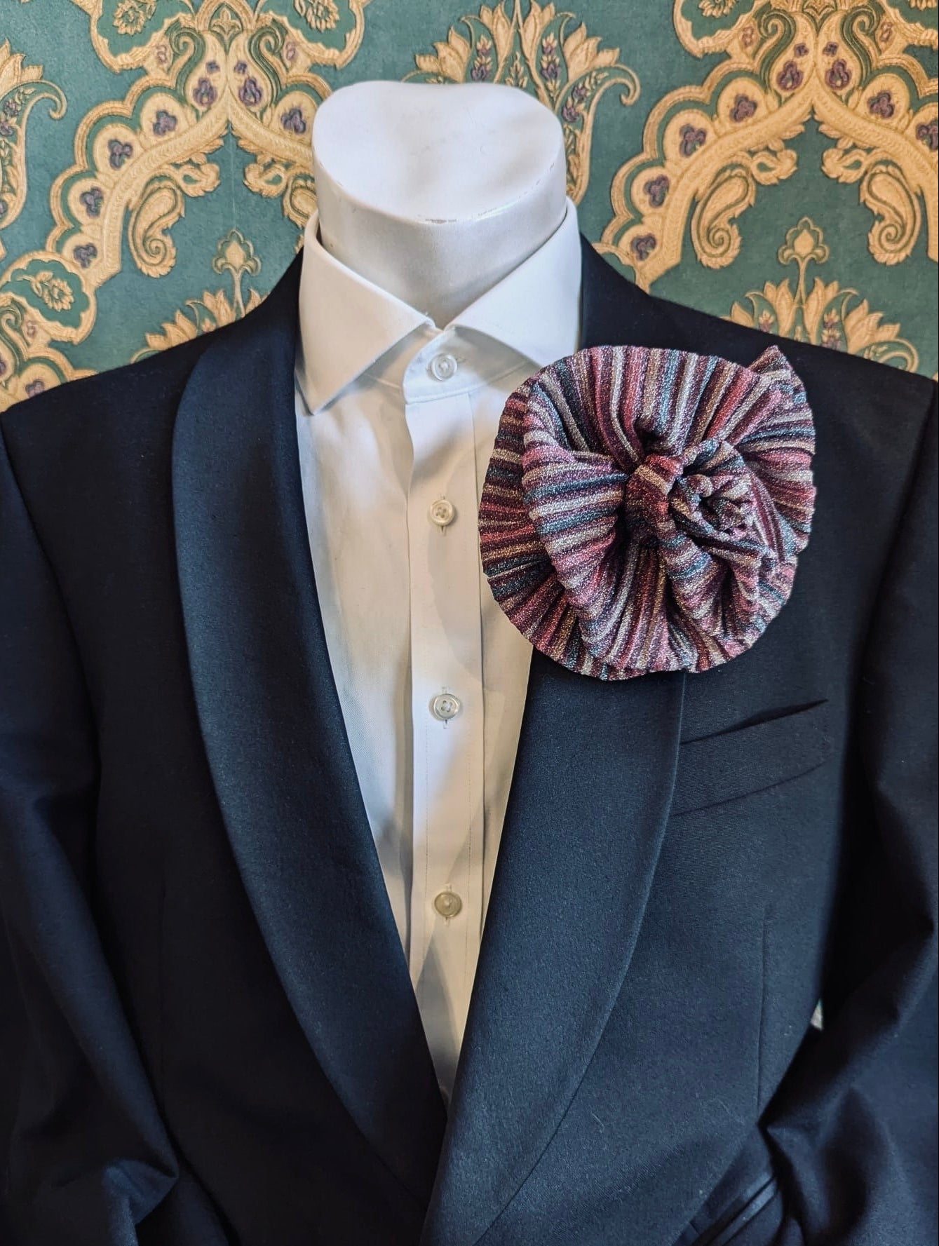 Broochella Wonka brooch metallic stripe flower handmade luxury designer men's women's pink