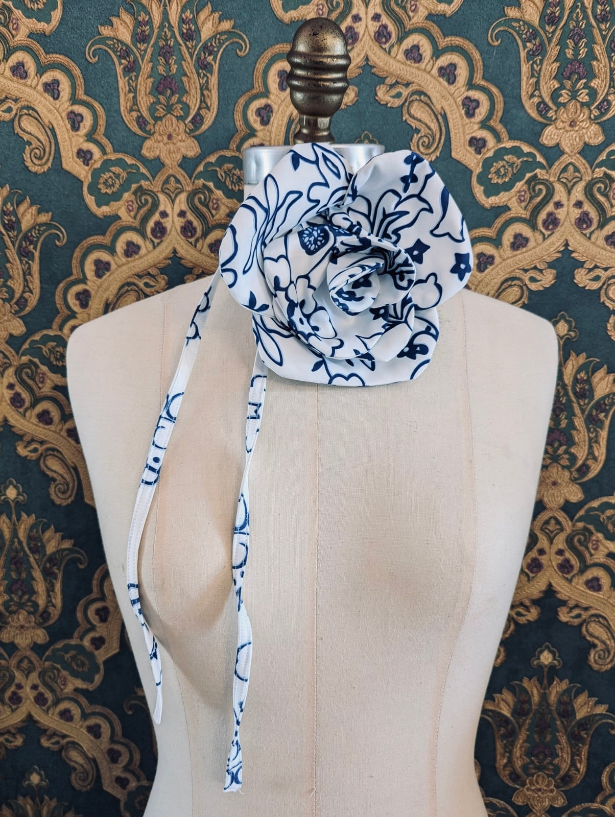 Broochella Electra flower brooch pin choker blue white print handmade designer luxury men’s women’s
