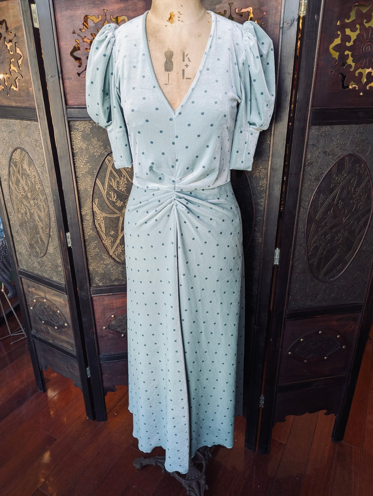 Rotate By Birger Christensen Green Velvet Polka Dot Midi Dress- UK 10