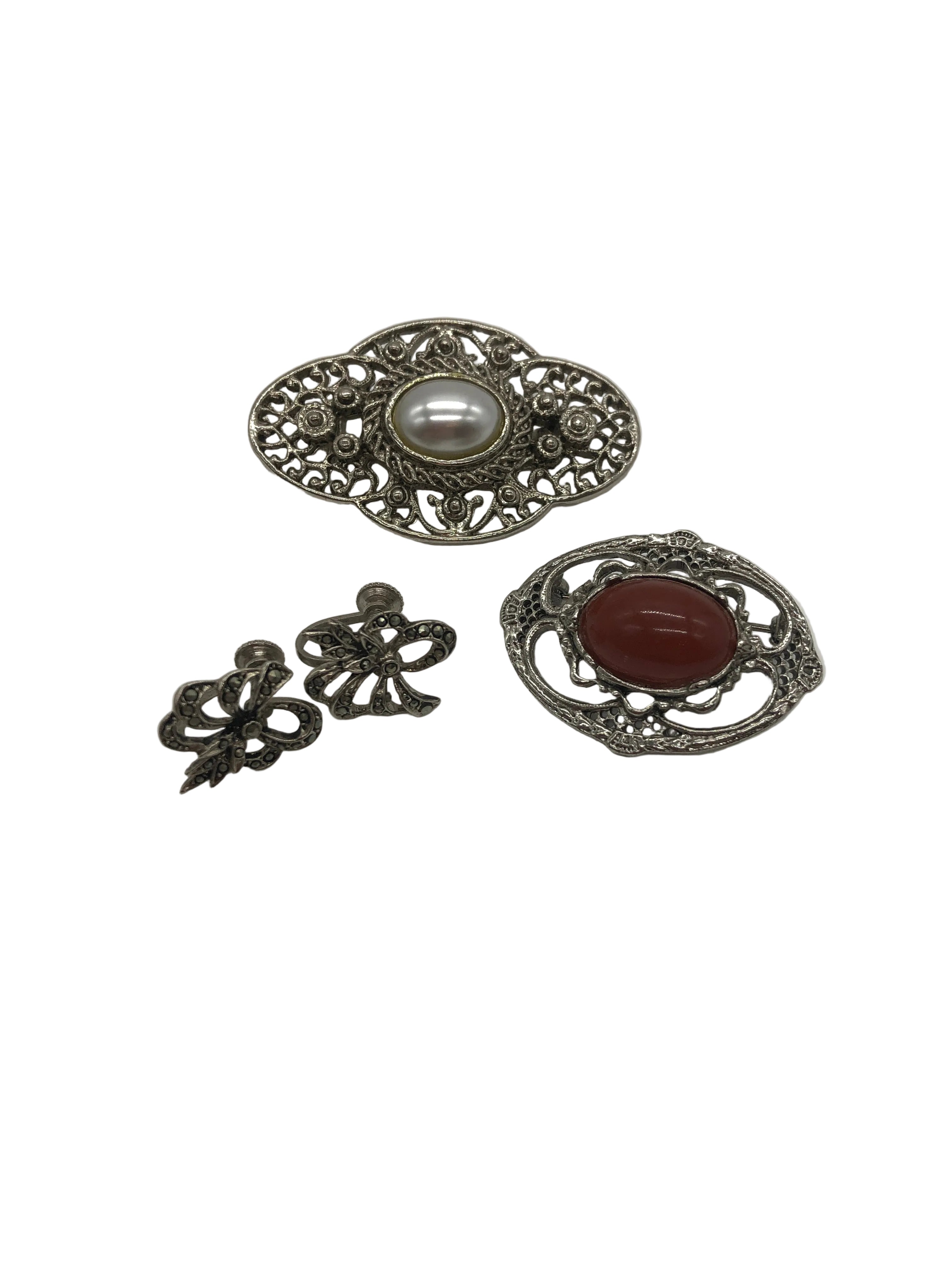 Éclat d’Argent Vintage Brooch Duo and Marcasite Earring Set