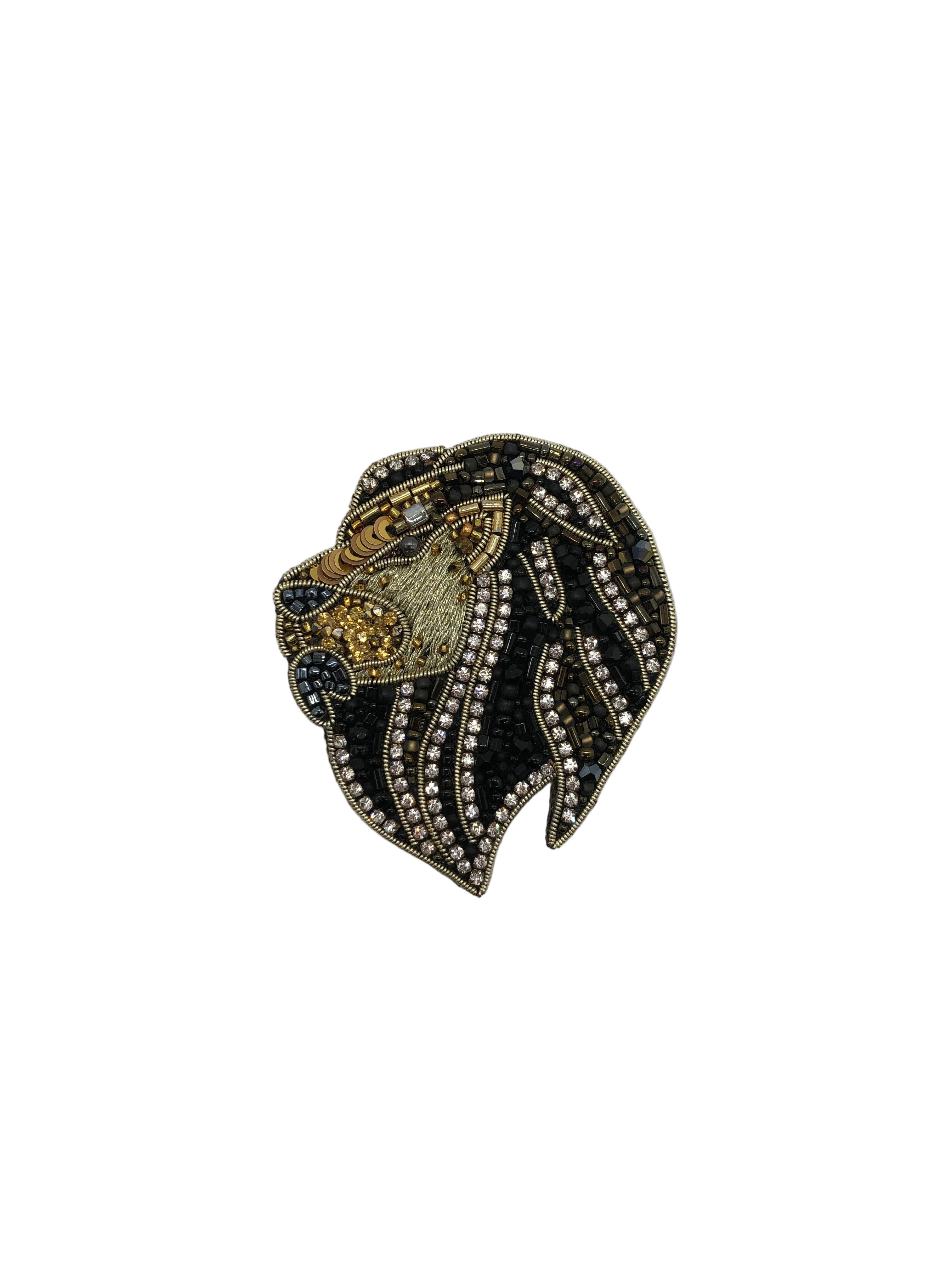 Broochella large lion brooch pin black gold hand beaded sequin luxury designer handmade men’s women’s 