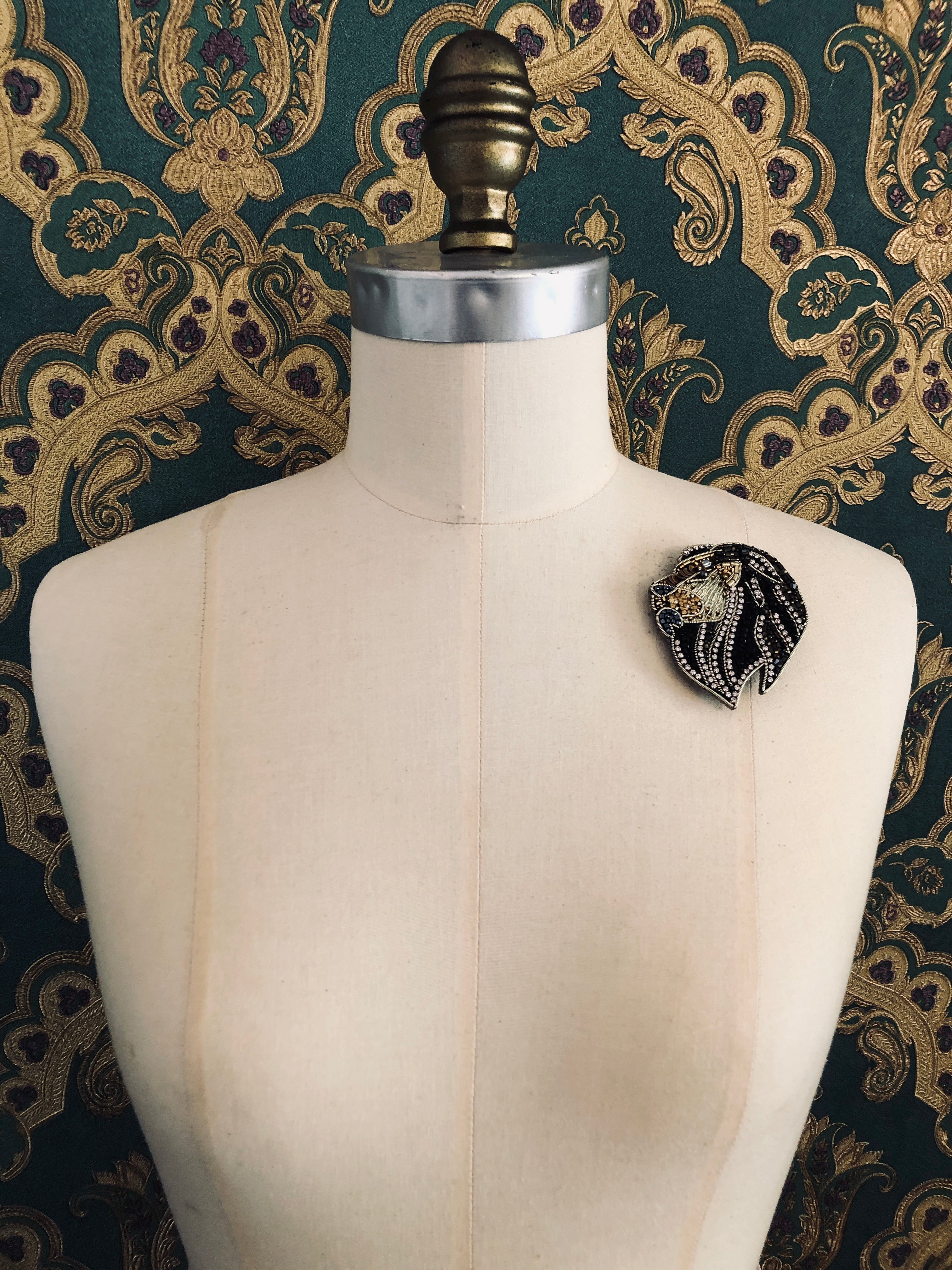 Broochella large lion brooch pin black gold hand beaded sequin luxury designer handmade men’s women’s 