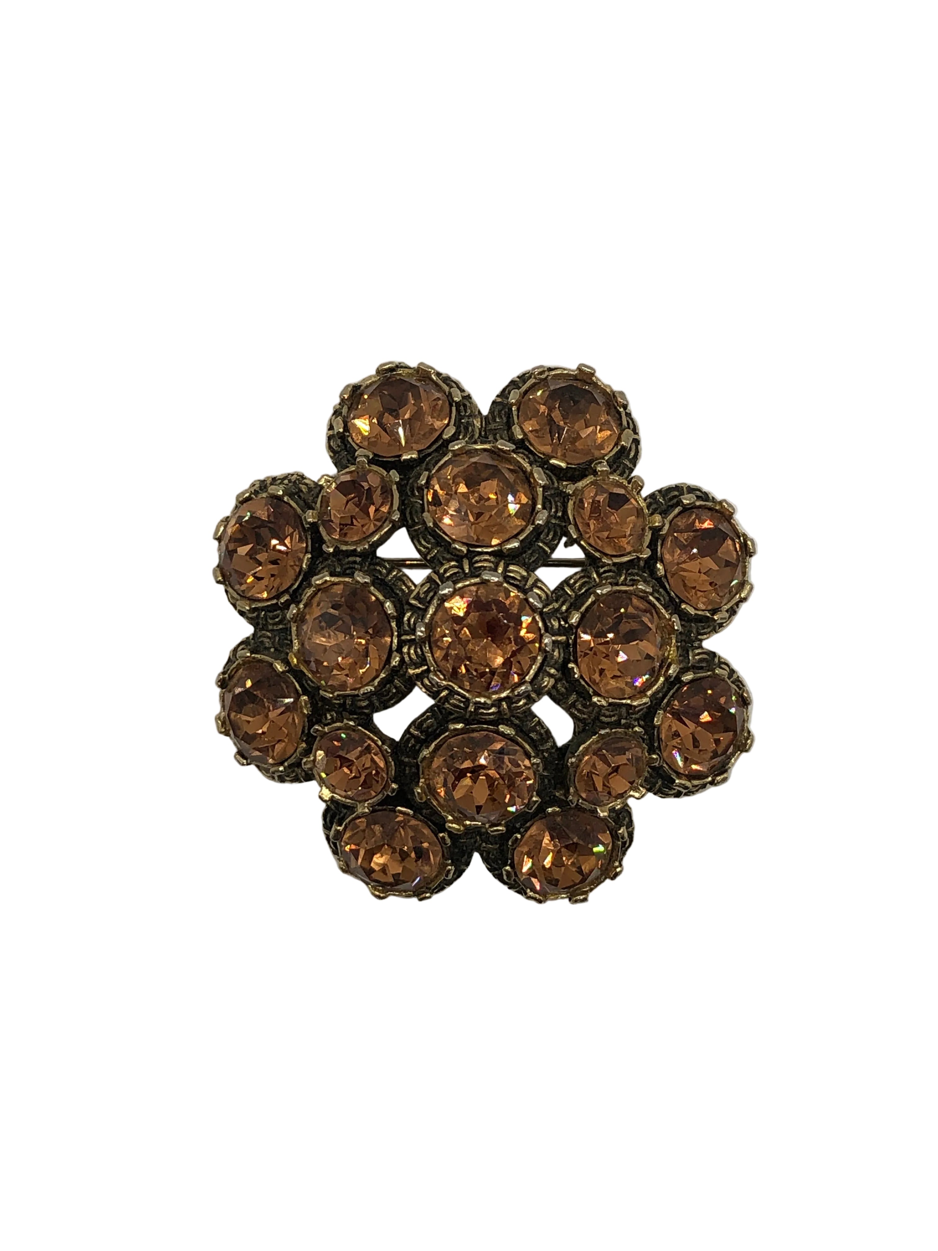 Vintage Elizabeth Reimer amber crystal cluster brooch with gold tone setting, floral design, Paris-sourced statement piece