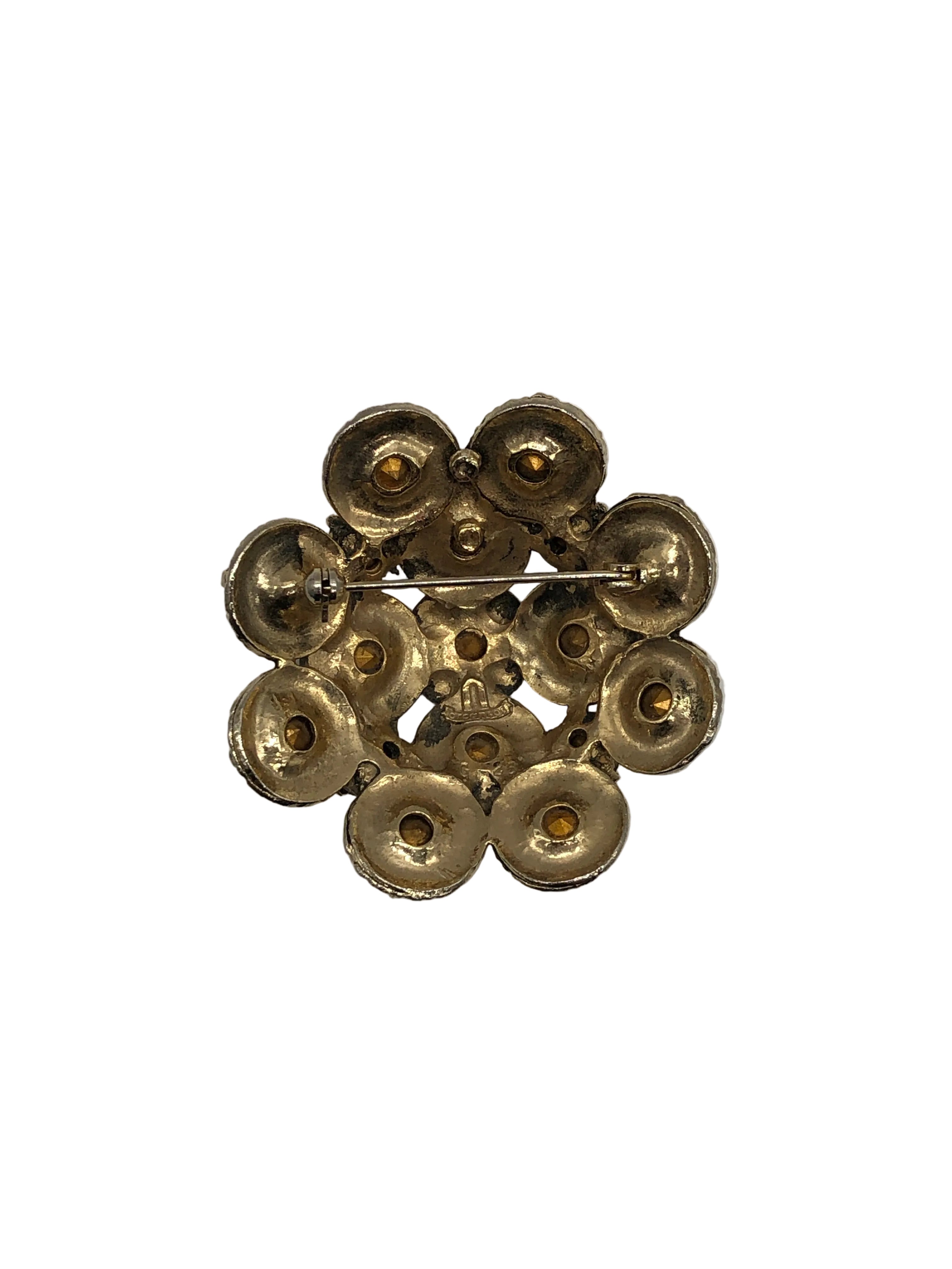 Vintage Elizabeth Reimer amber crystal cluster brooch with gold tone setting, floral design, Paris-sourced statement piece