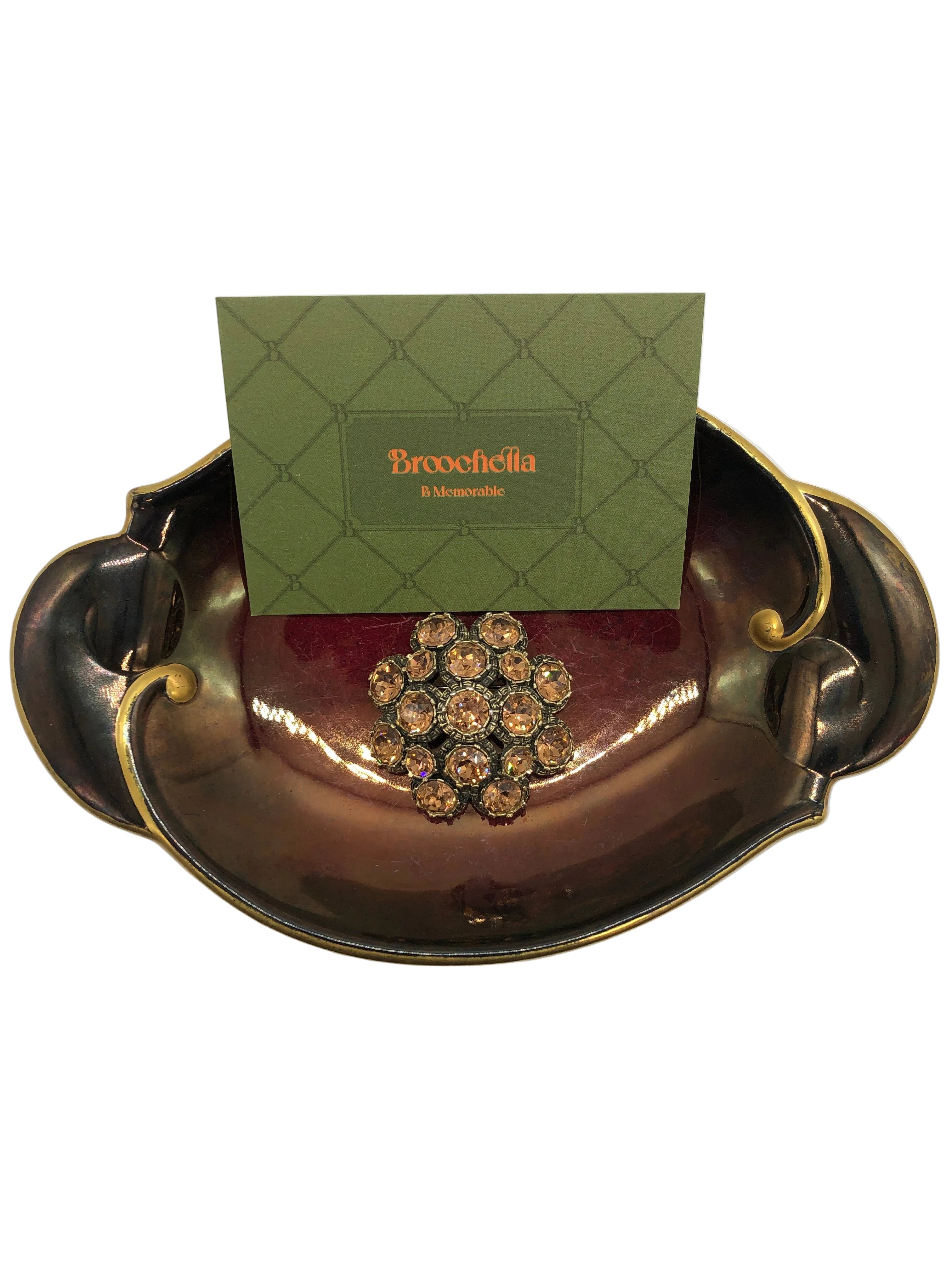 Vintage Elizabeth Reimer amber crystal cluster brooch with gold tone setting, floral design, Paris-sourced statement piece