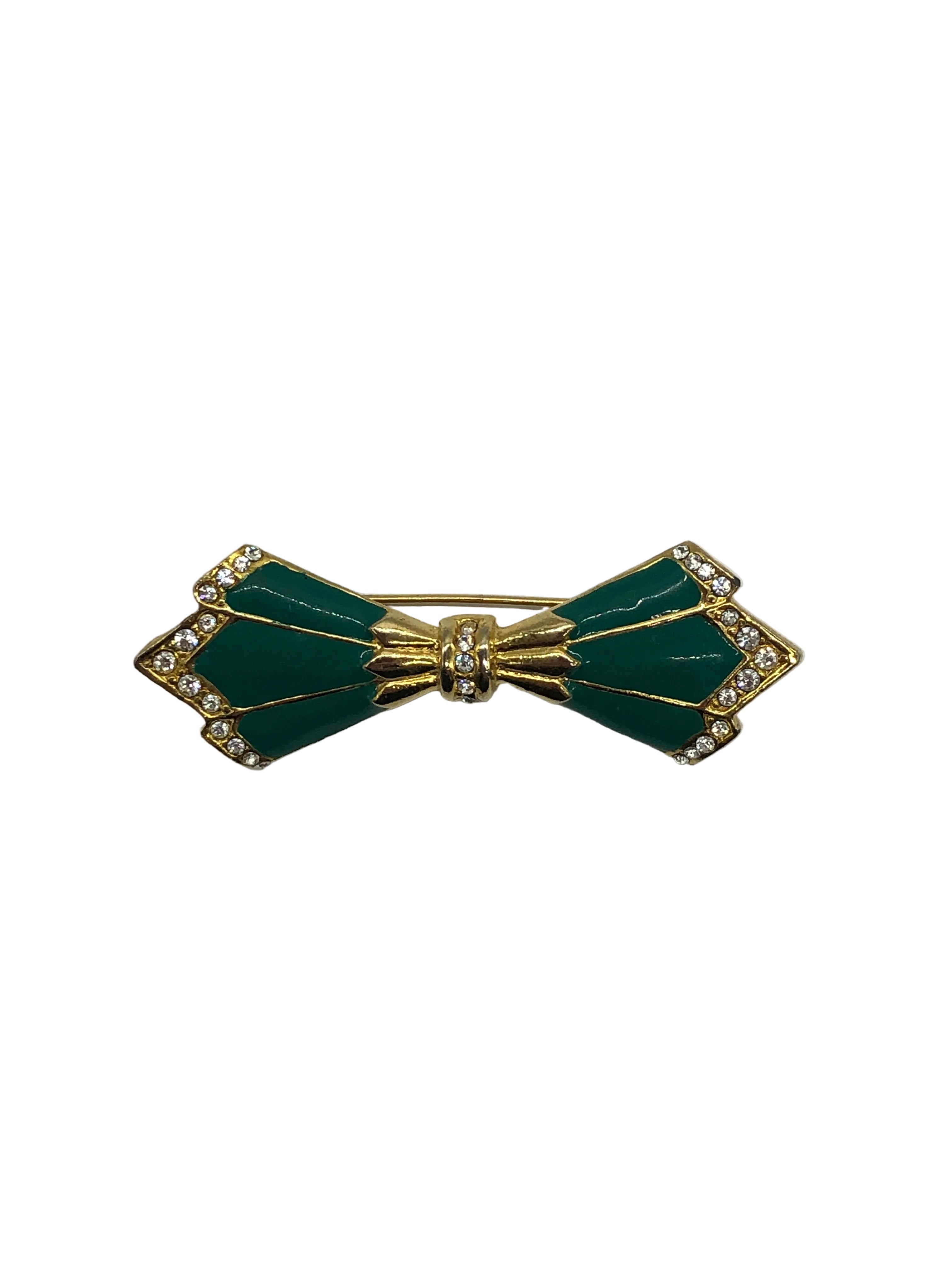 Vintage emerald enamel bow brooch with crystal detailing in gold tone, Paris-sourced designer style accessory