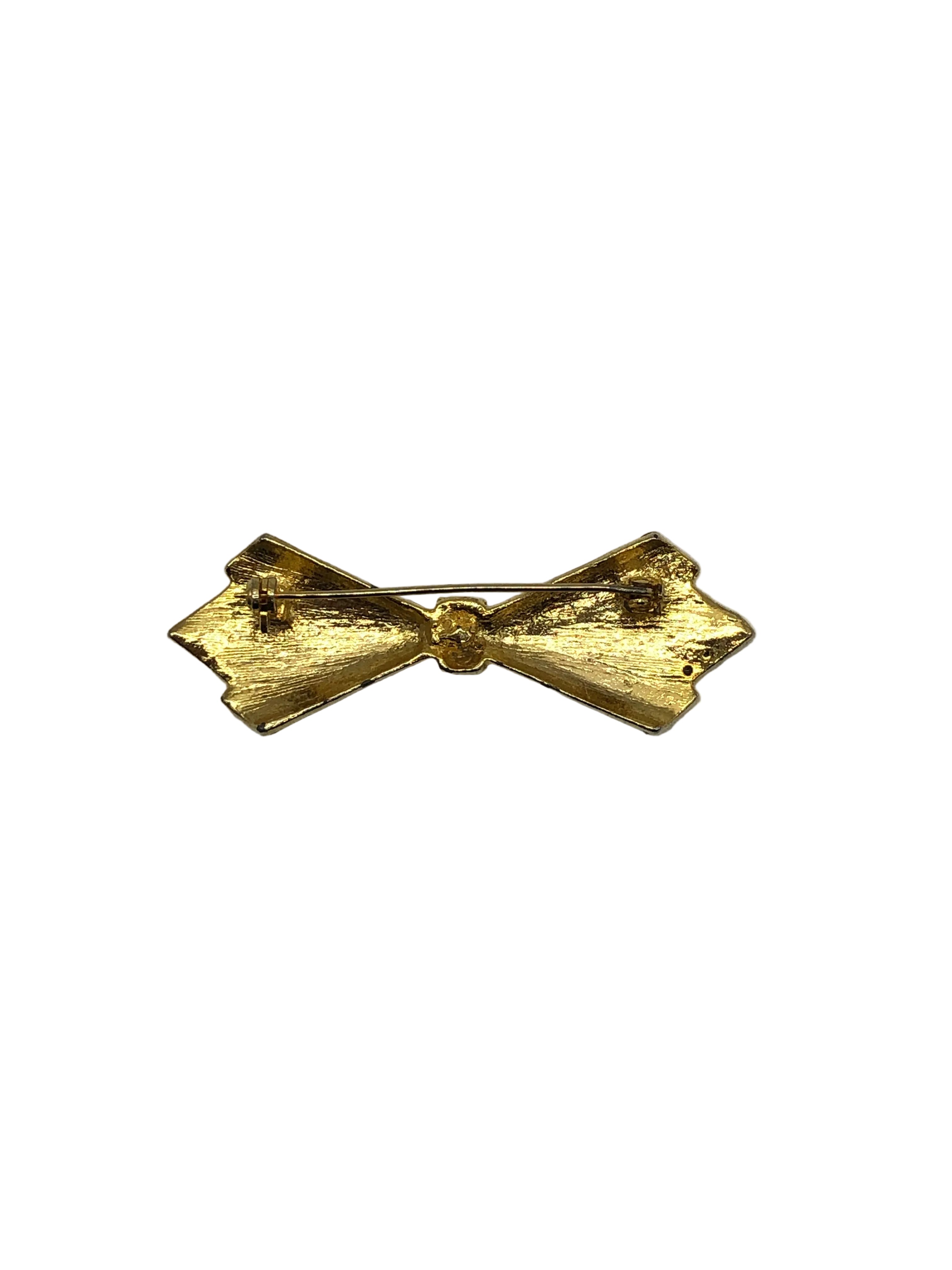 Vintage emerald enamel bow brooch with crystal detailing in gold tone, Paris-sourced designer style accessory