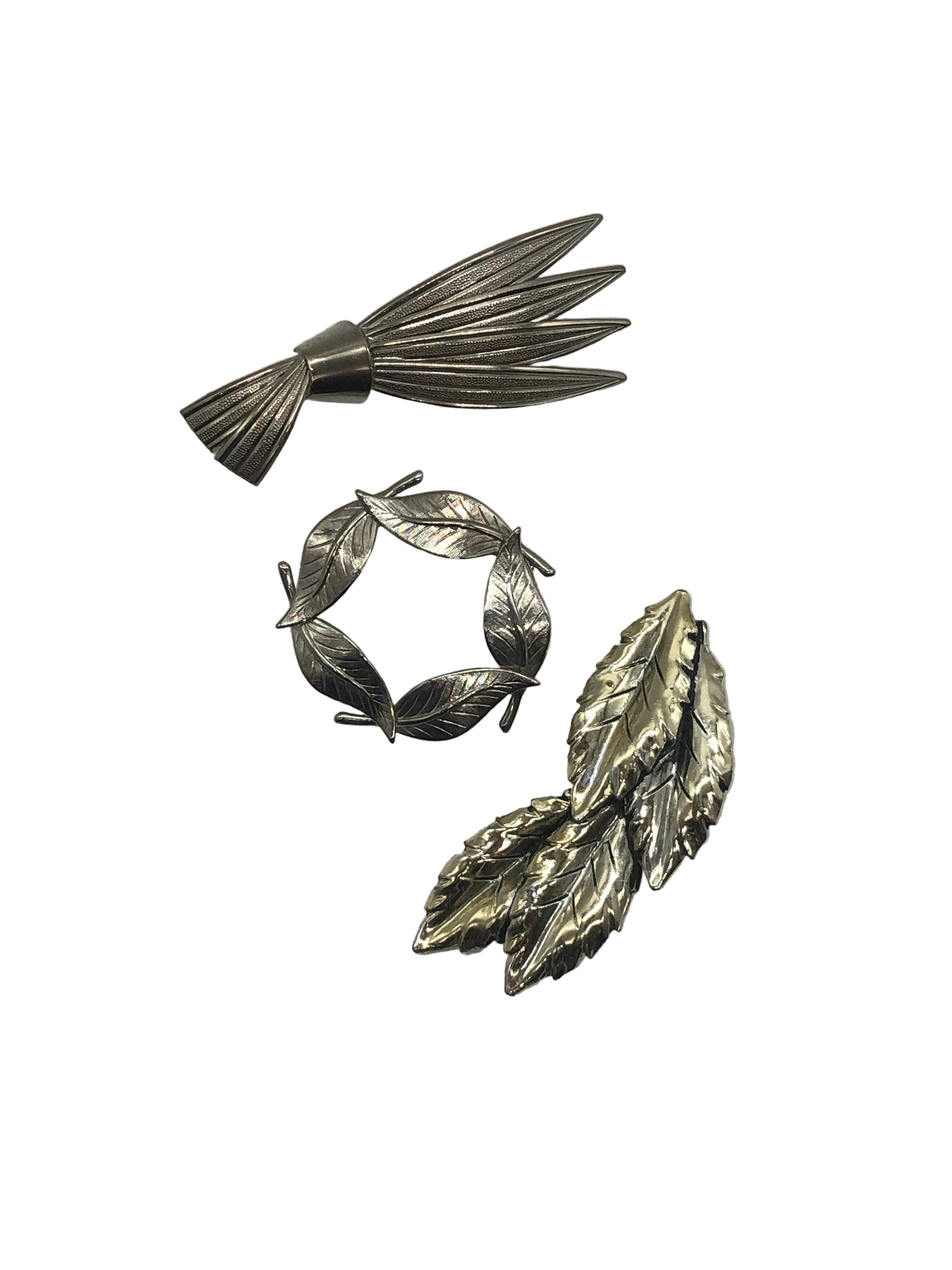 Trio Argenté Feuillage Vintage Brooch Set