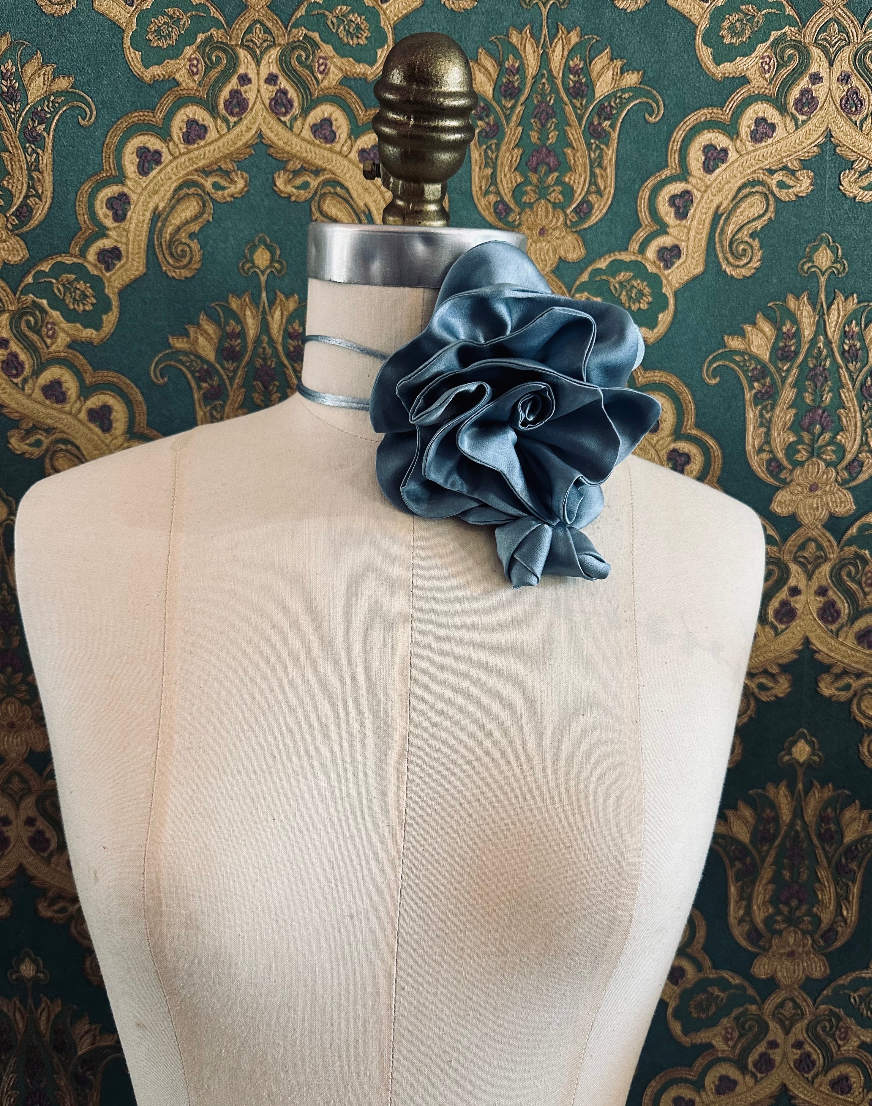 Broochella Rosetta flower brooch pin choker satin handmade luxury designer handmade men's women's accessory blue