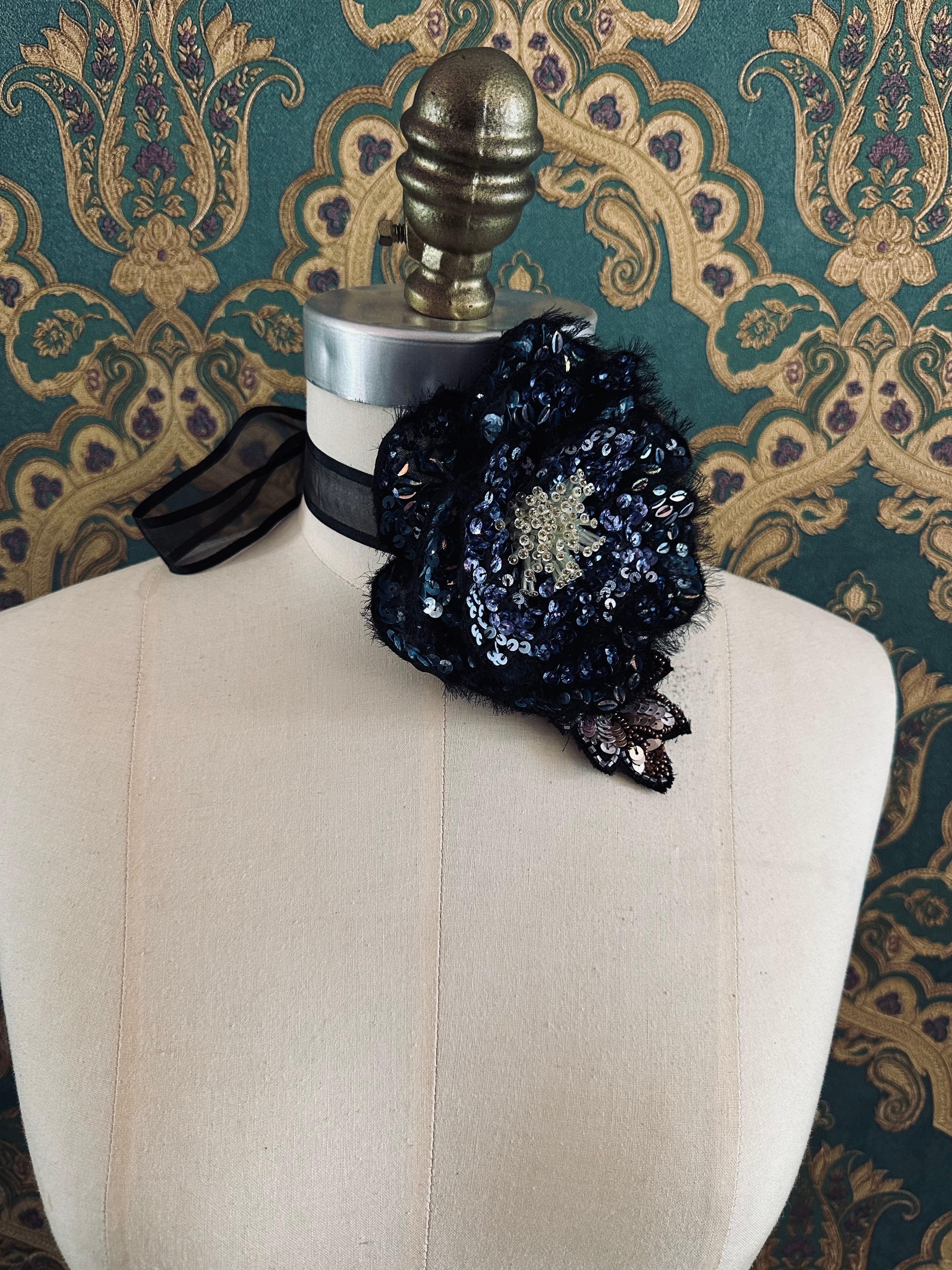 Broochella Luminosa flower choker brooch pin small black blue hand beaded sequin handmade designer luxury women’s 