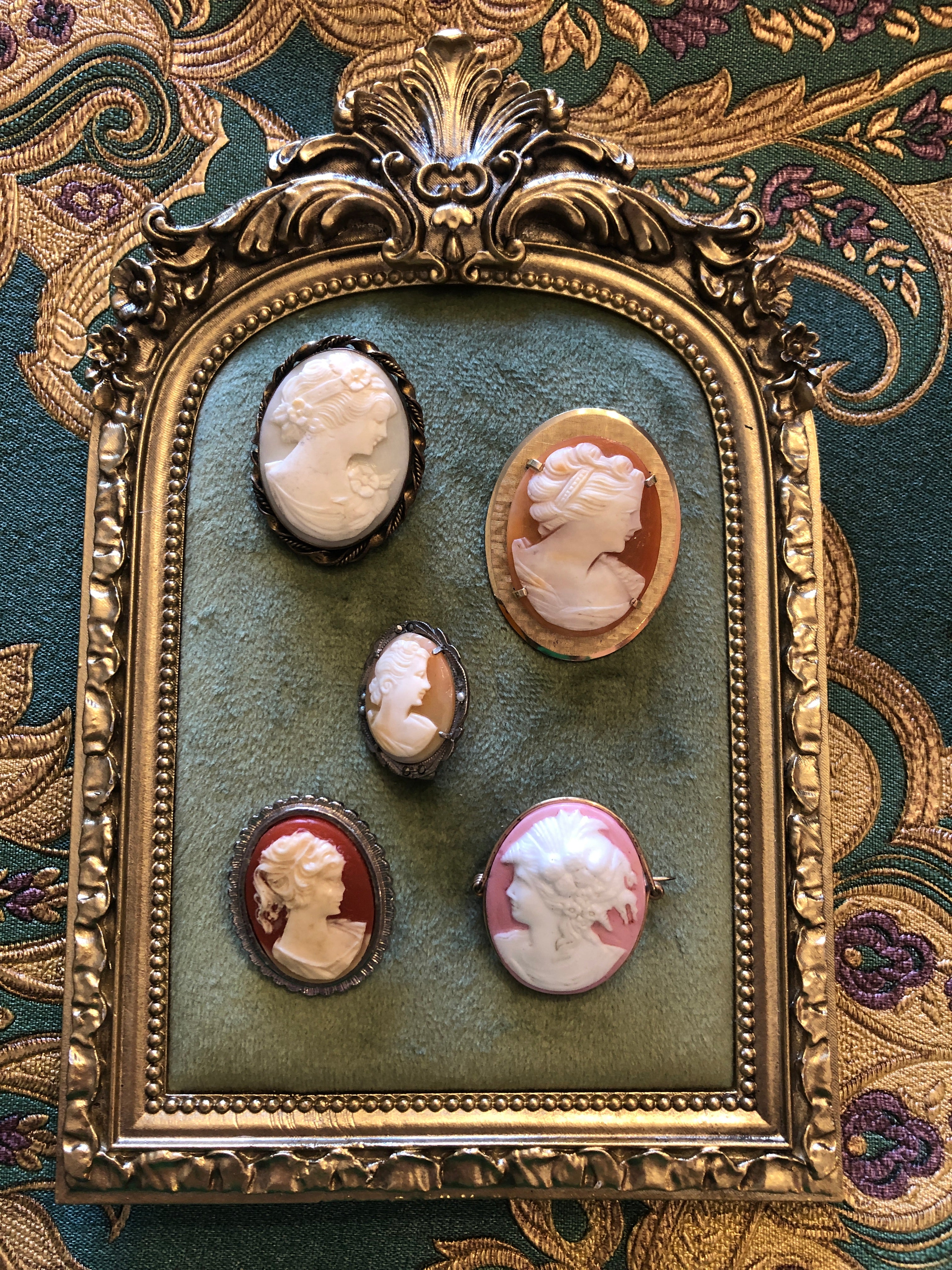 Five vintage cameo brooches displayed on sage green velvet, each with a carved classical lady portrait on grounds of white, blush, peach, terracotta and rose pink in mixed silver and gold-tone frames.
